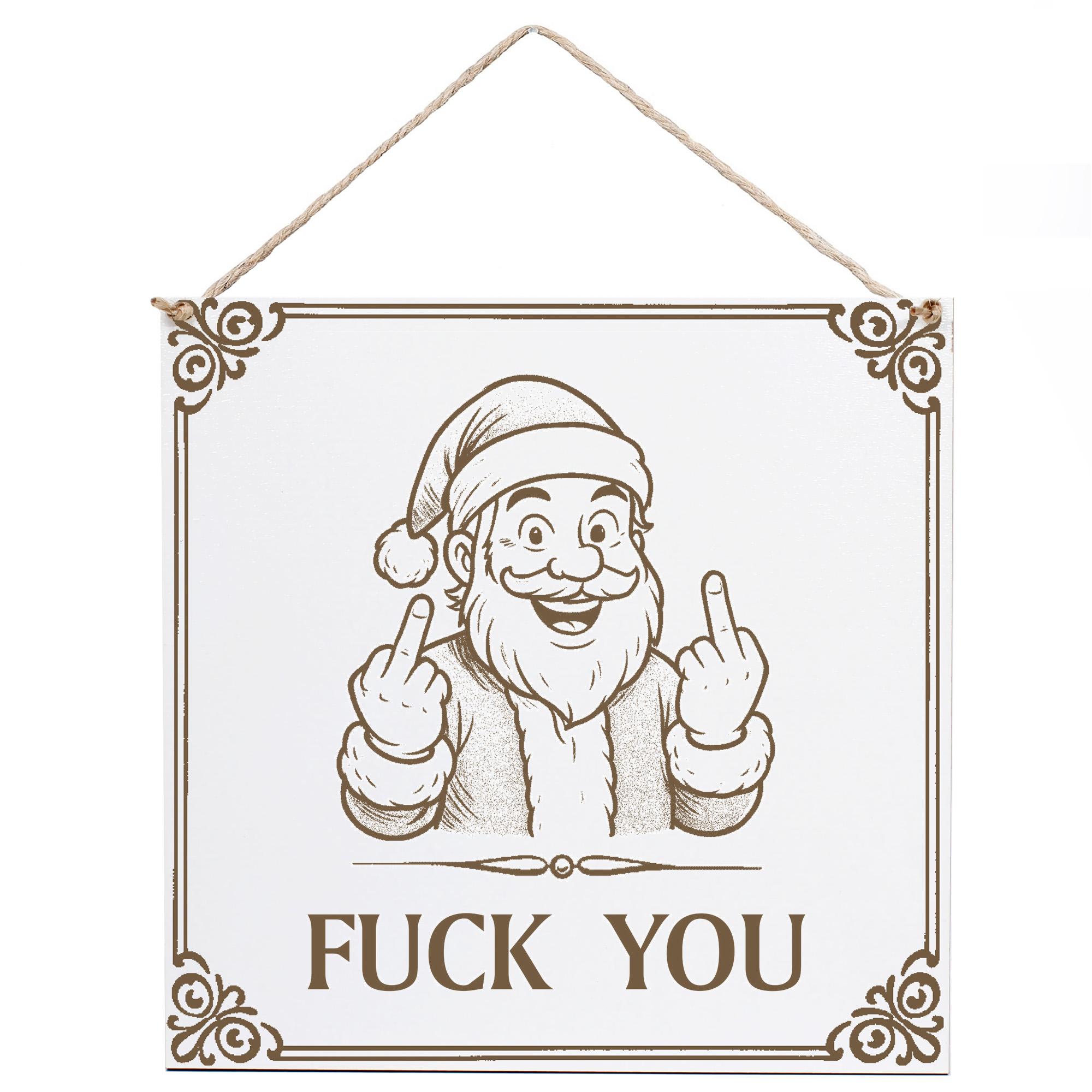 Comic Weihnachtsmann Wandschild „Fuck You“ – Weißes HDF-Dekoschild 15×15 cm (auch 20×20 cm)