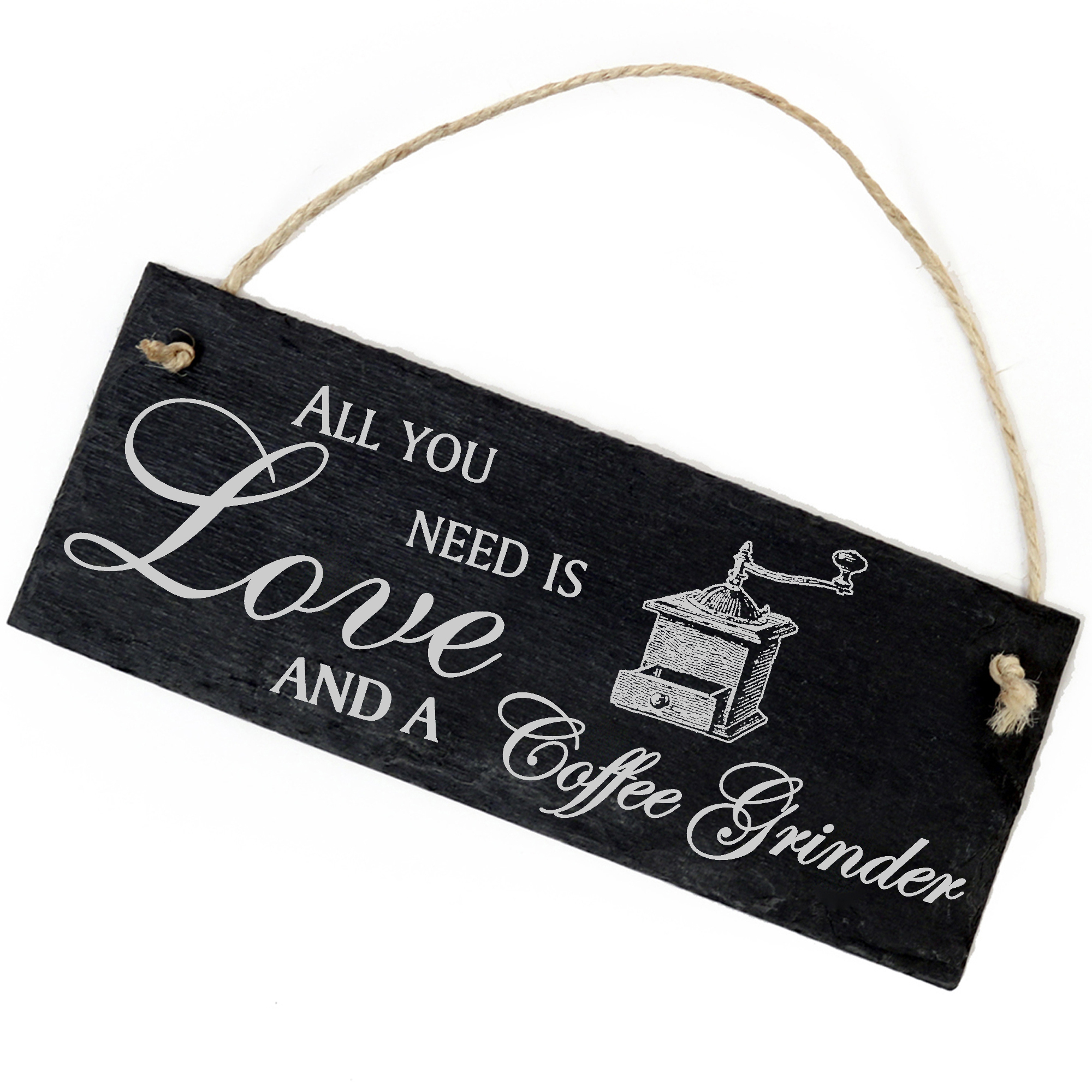 Schiefertafel Deko Kurbel Kaffeemühle Schild 22 x 8 cm - All you need is Love and a Coffee Grinder