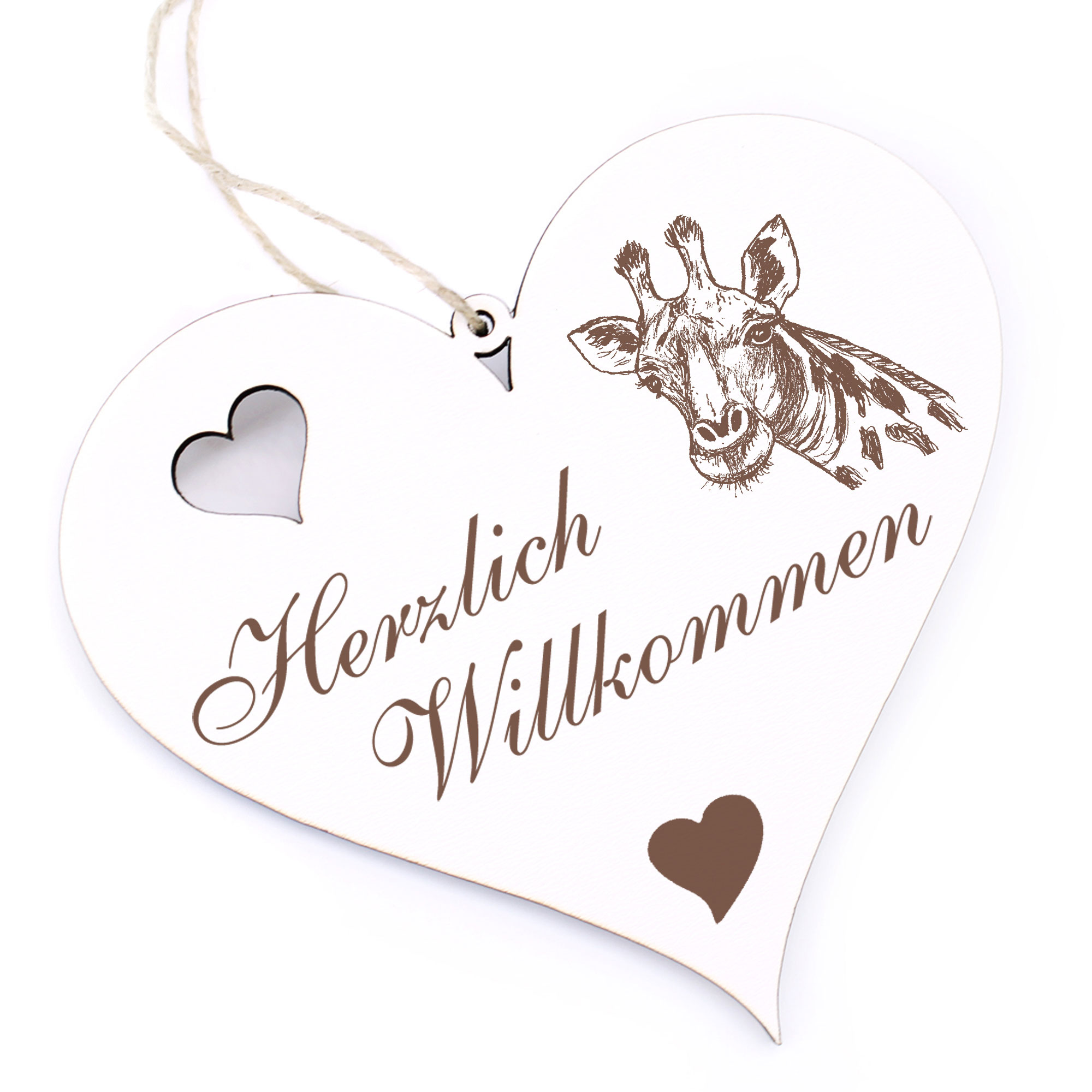 Herzlich Willkommen Schild - Giraffe Kopf - Deko Herz Holz