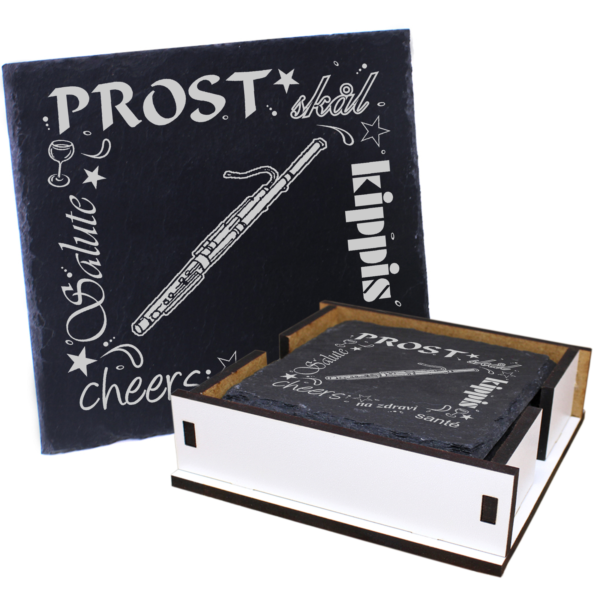 5 x Schiefer Untersetzer - Prost Fagott - inkl. Holzbox & Flaschenuntersetzer