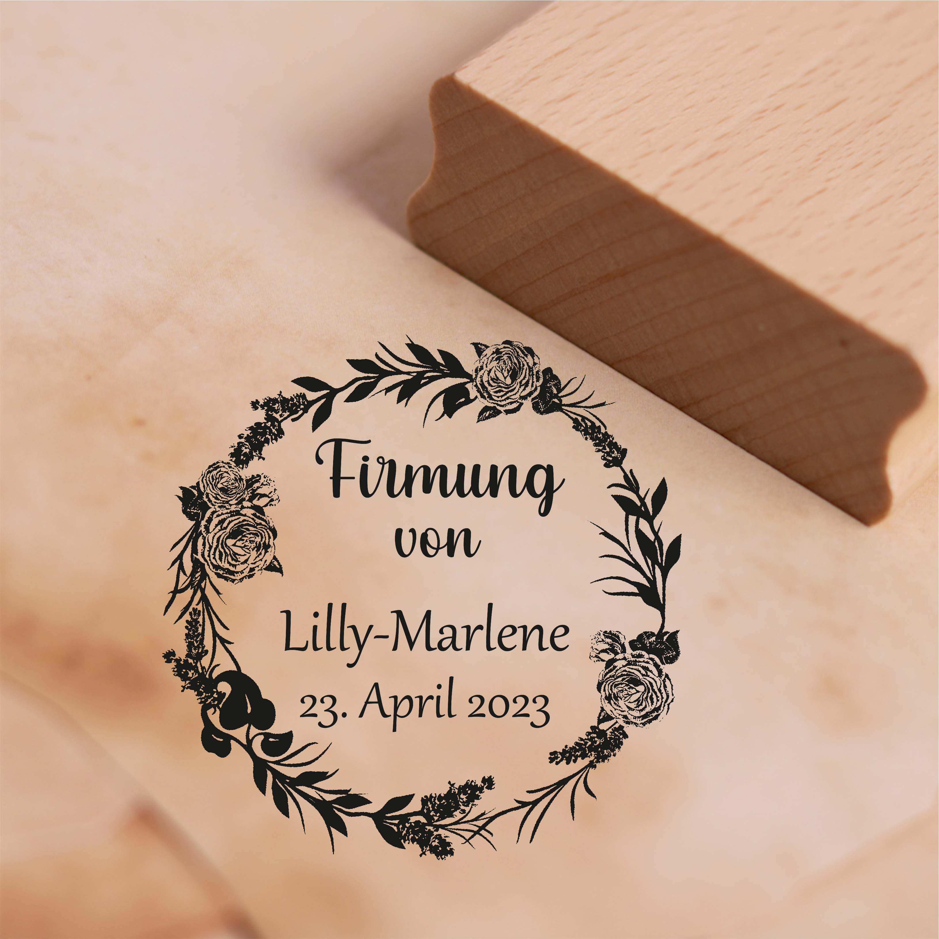 Stempel Firmung von - mit Name und Datum - Motiv Vintage Rosen Kranz Motivstempel 38 x 38 mm