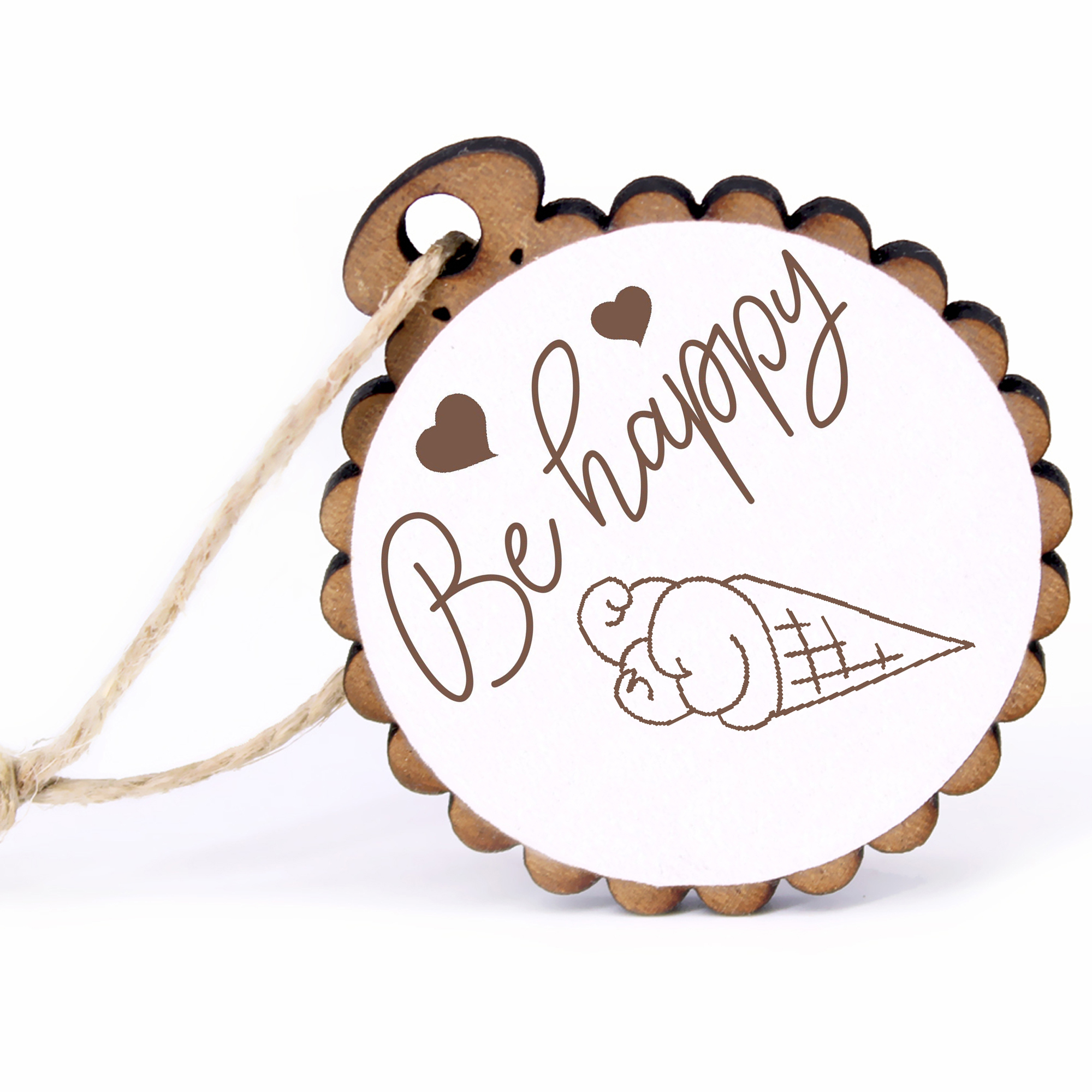 Geschenkanhänger - Be Happy Eistüte -  Holz Ø-5cm - mit Juteband