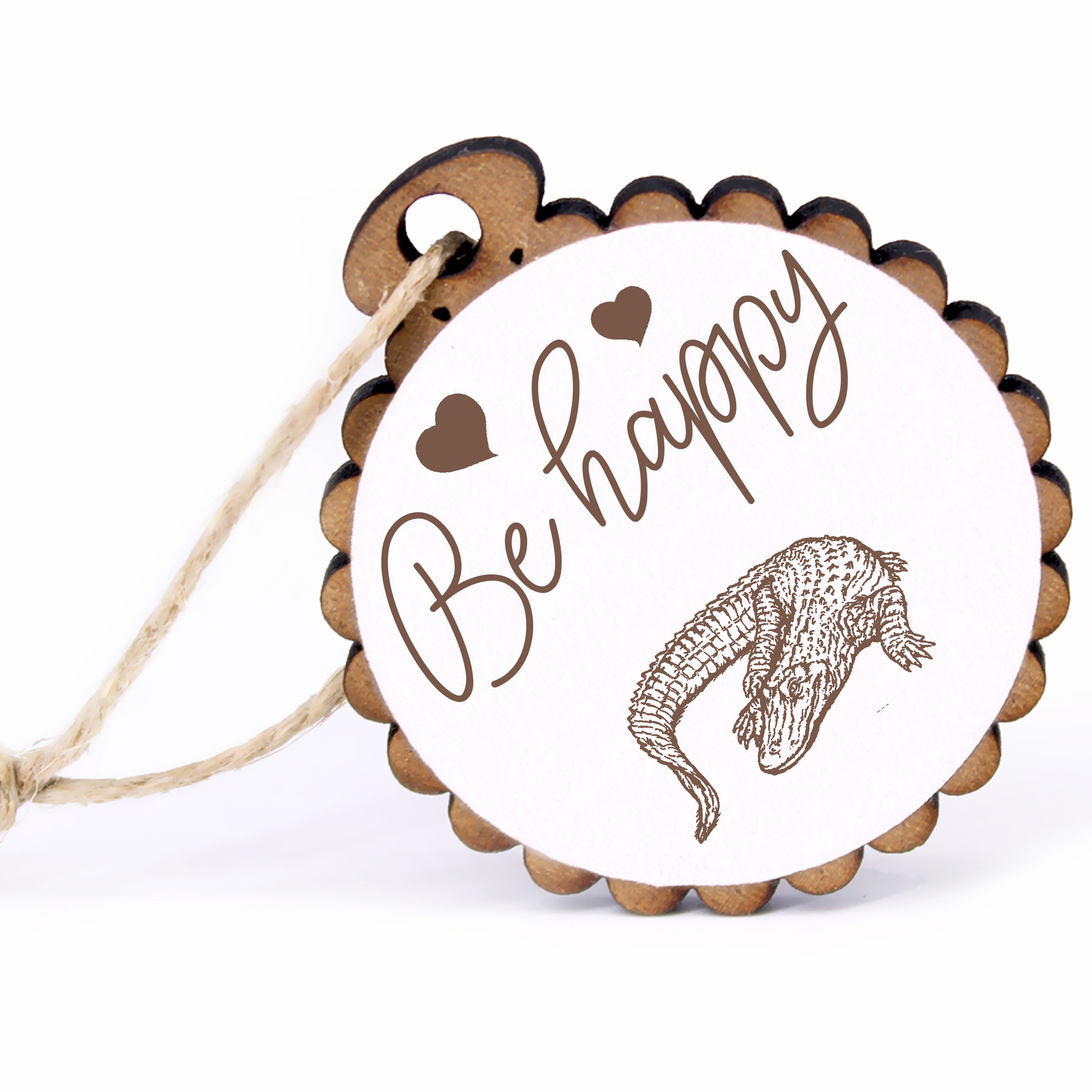 Geschenkanhänger - Be Happy Alligator Krokodil -  Holz Ø-5cm - mit Juteband