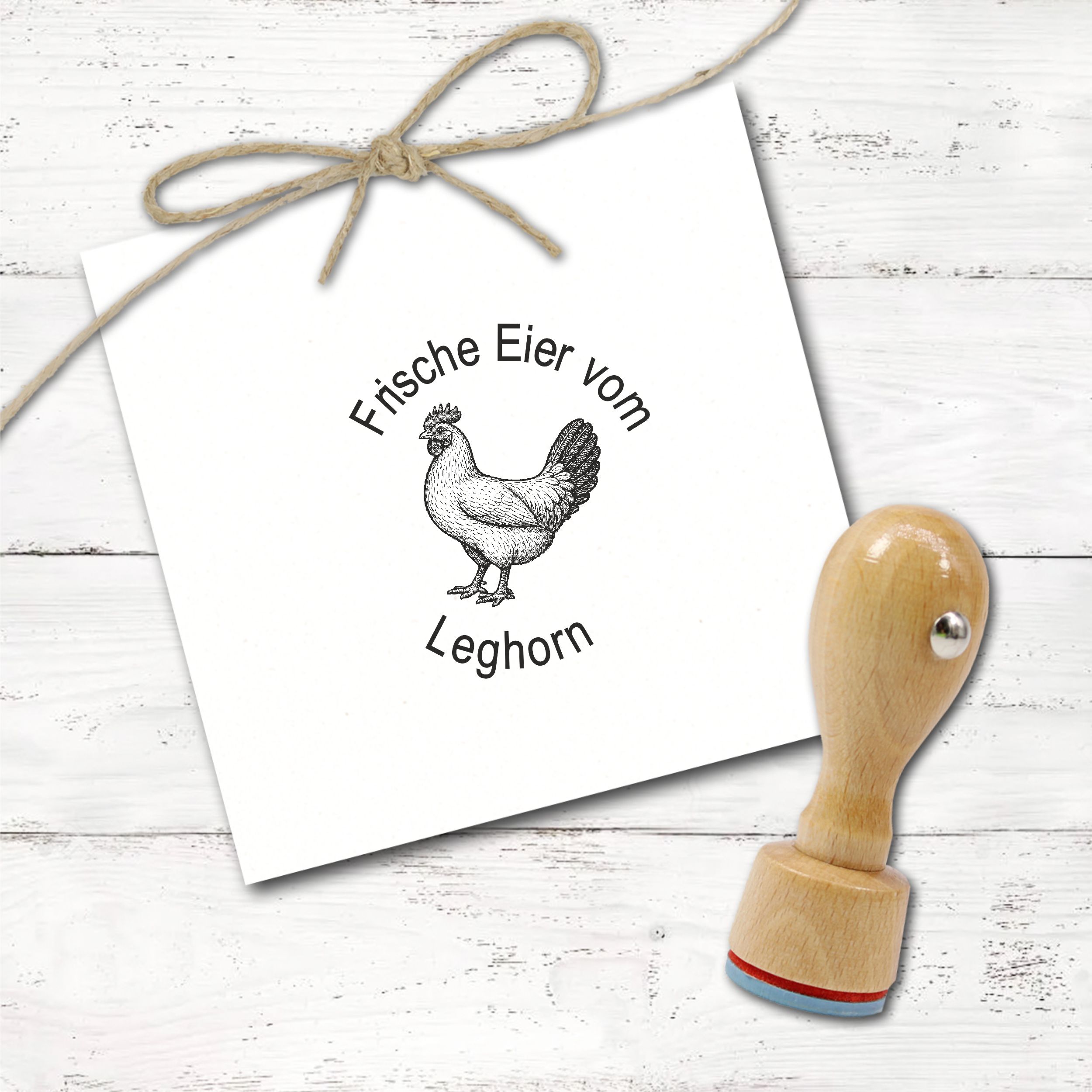 Holzstempel personalisiert „Frische Eier vom Leghorn“ – Hühner Motivstempel Huhn