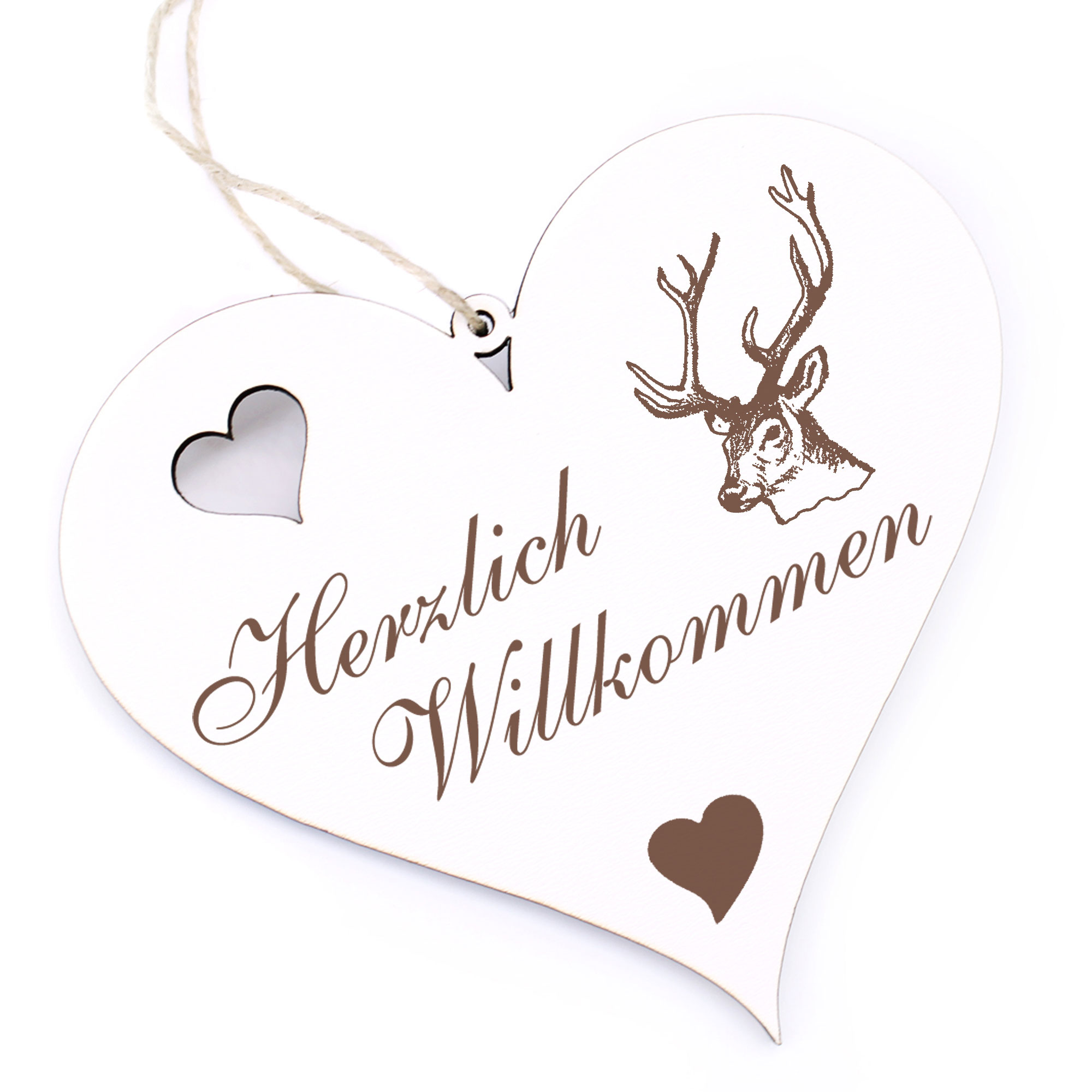 Herzlich Willkommen Schild - Hirsch Kopf - Deko Herz Holz