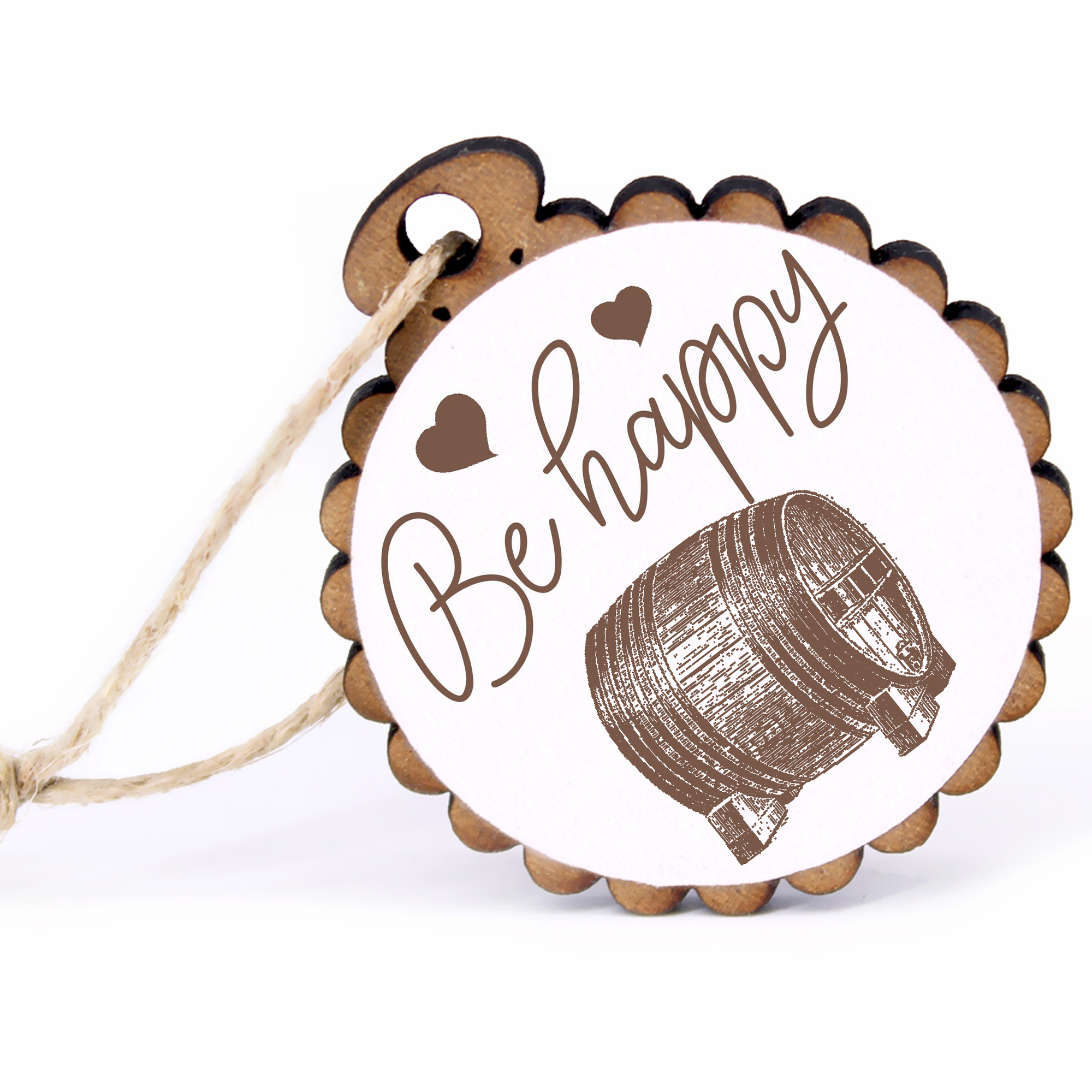 Geschenkanhänger - Be Happy Weinfass -  Holz Ø-5cm - mit Juteband