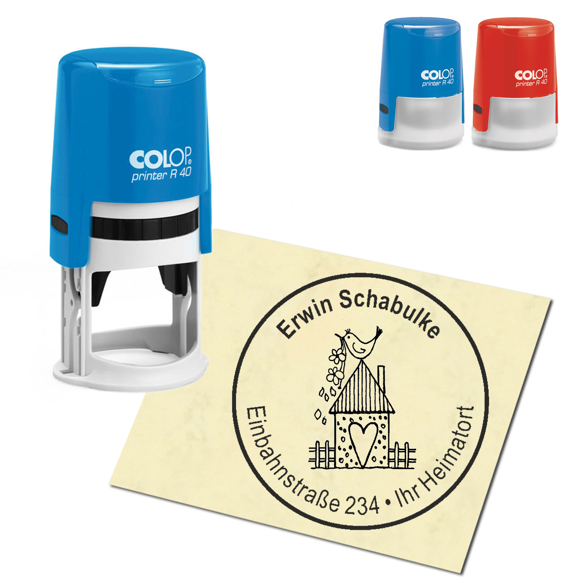 Stempel Adressstempel personalisiert - Vogelhaus - rund &empty; 40mm