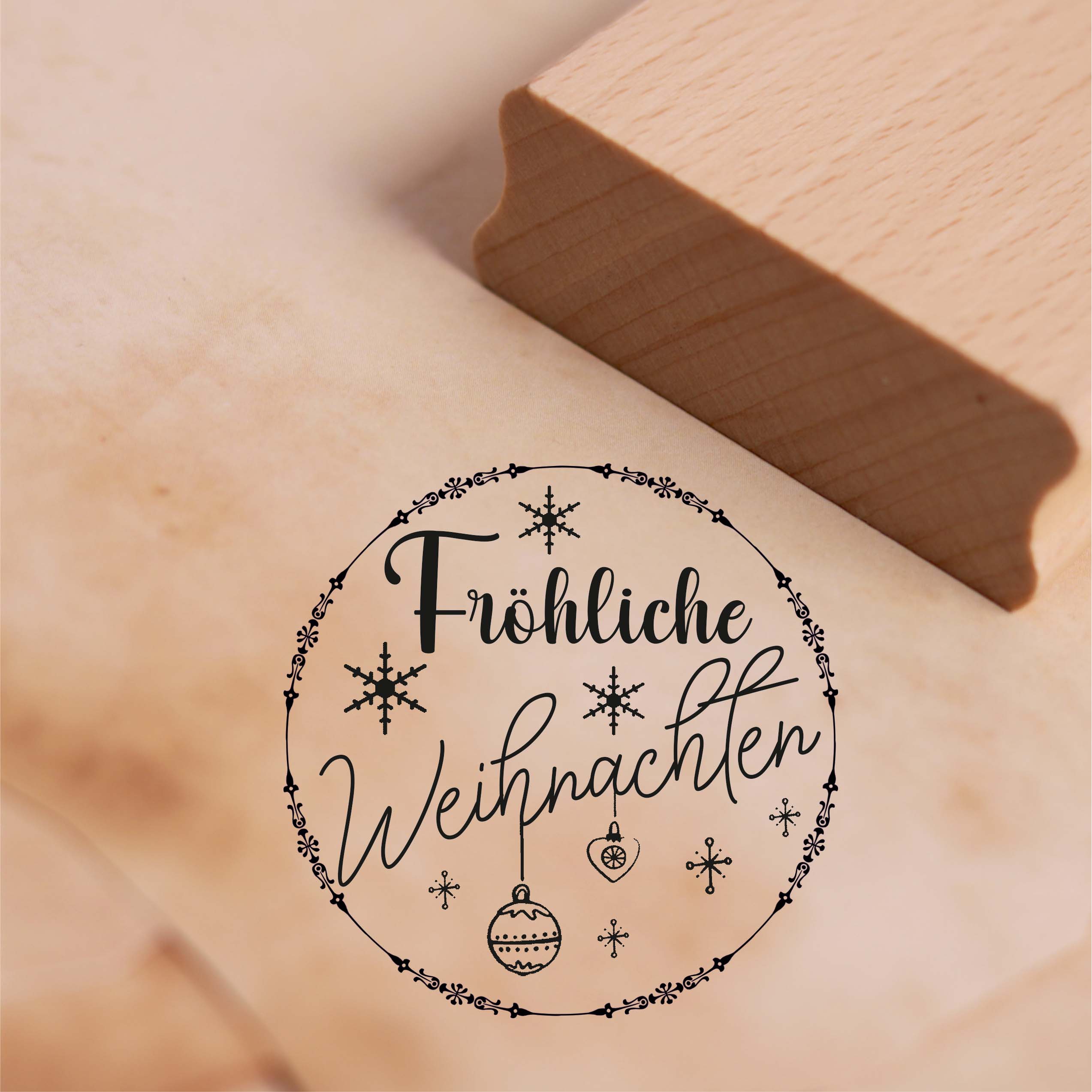 Motivstempel Fröhliche Weihnachten - Kranz Schneeflocken Baumkugeln Stempel - Ø 48 mm