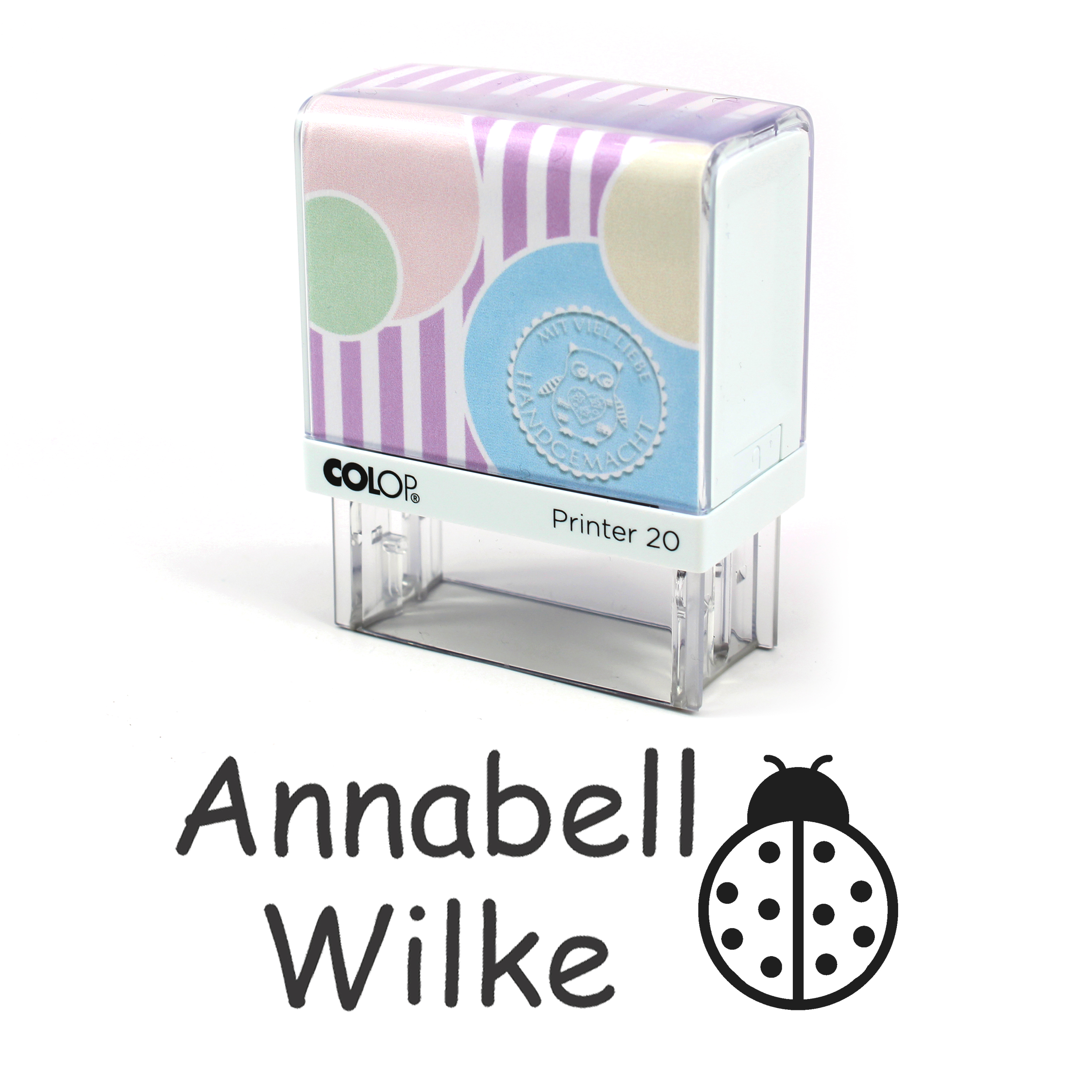 Textilstempel Marienkäfer - personalisierter Automatikstempel mit Namen - für Textilien Kleidung