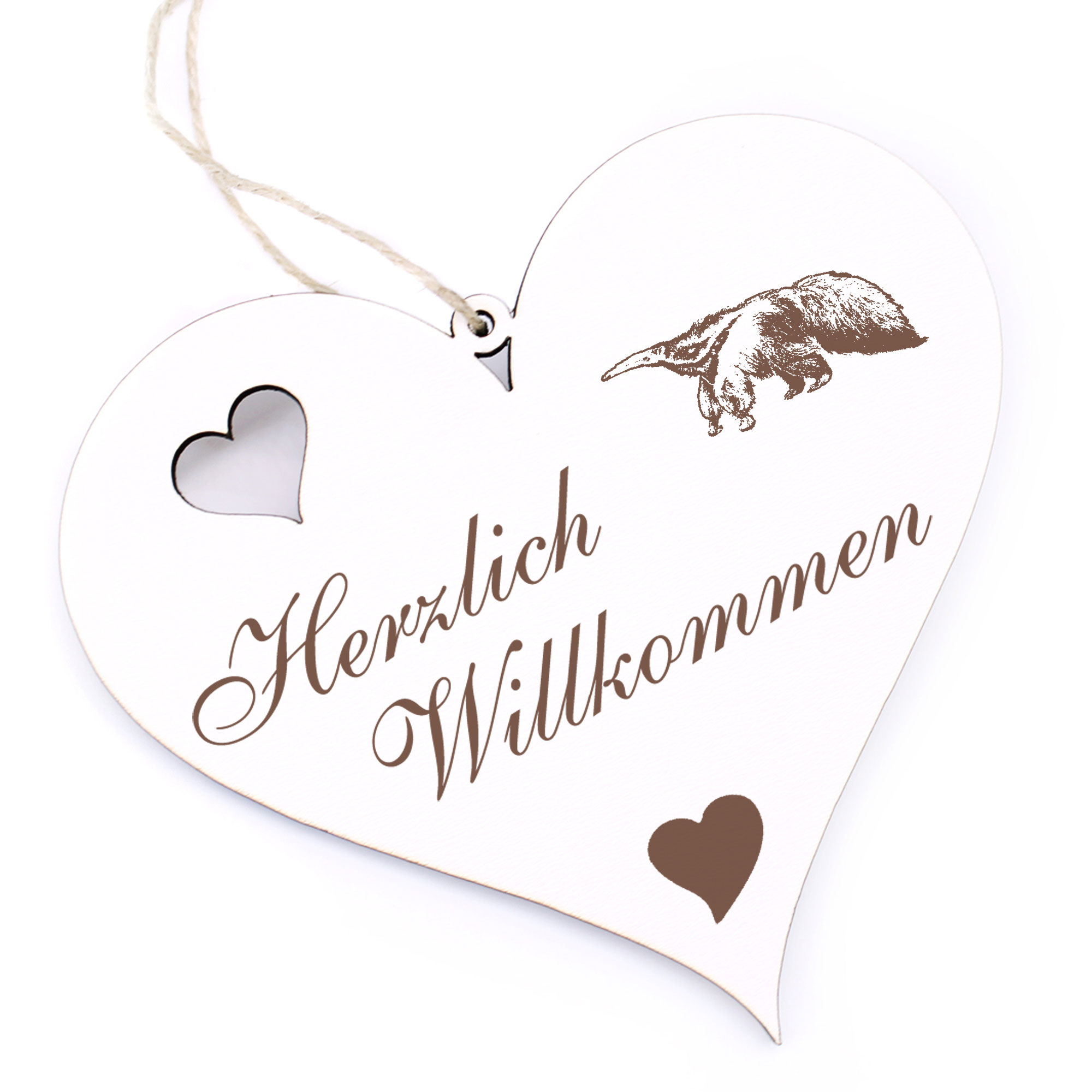 Herzlich Willkommen Schild - Ameisenbär Nasenbär - Deko Herz Holz