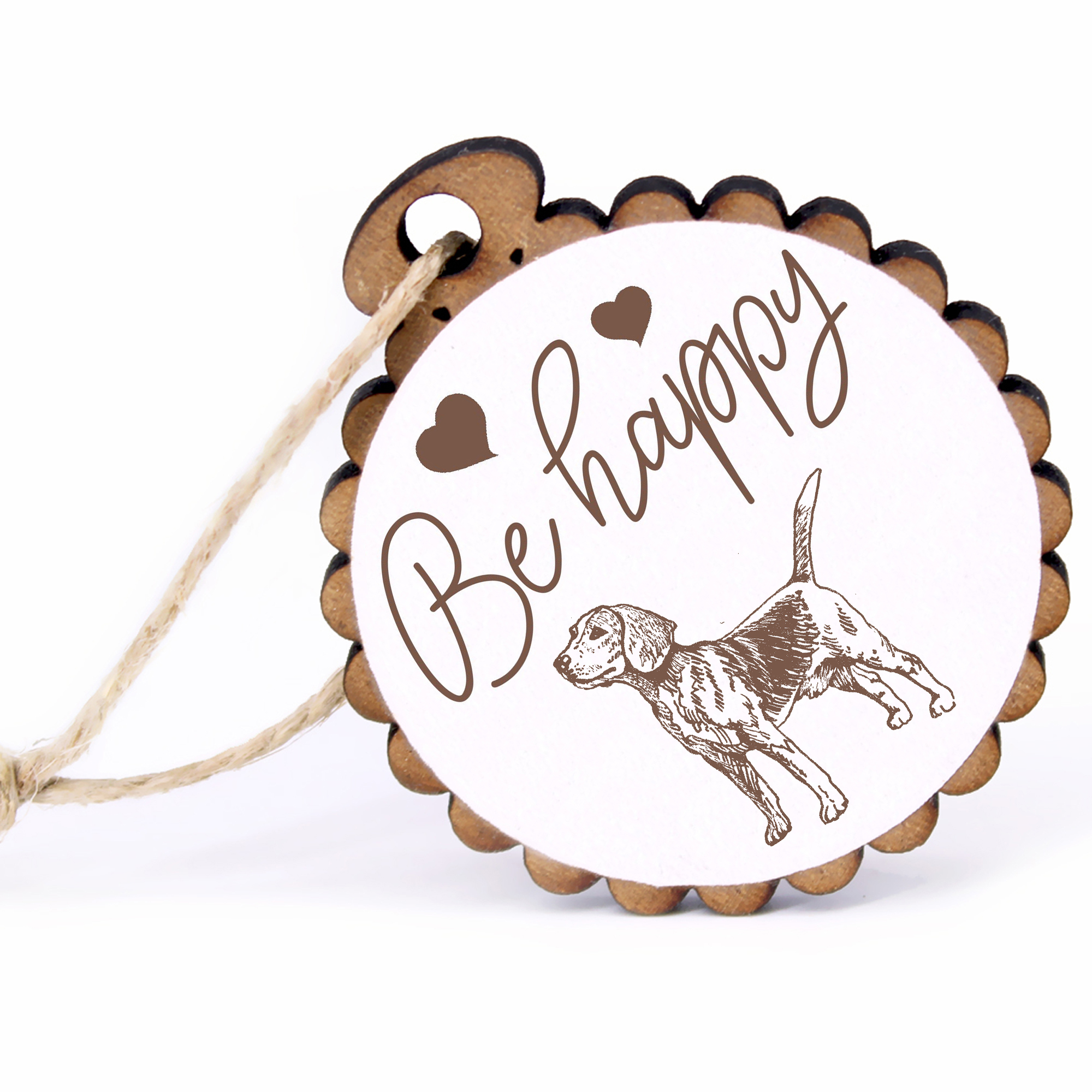 Geschenkanhänger - Be Happy Beagle -  Holz Ø-5cm - mit Juteband