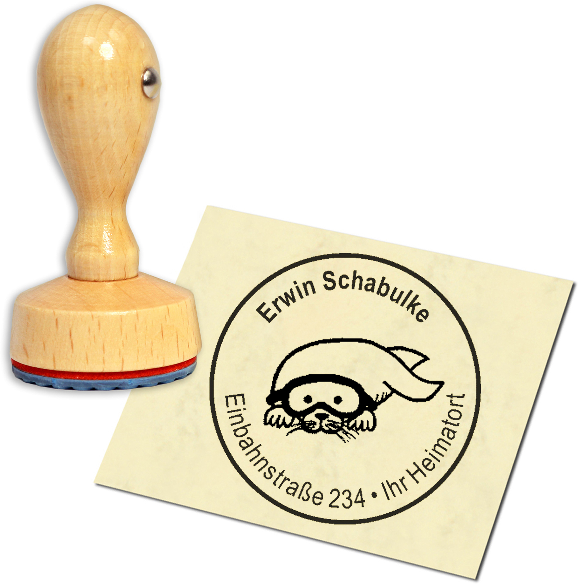 Stempel Adressstempel Holzstempel - Robbe mit Taucherbrille - rund 40mm