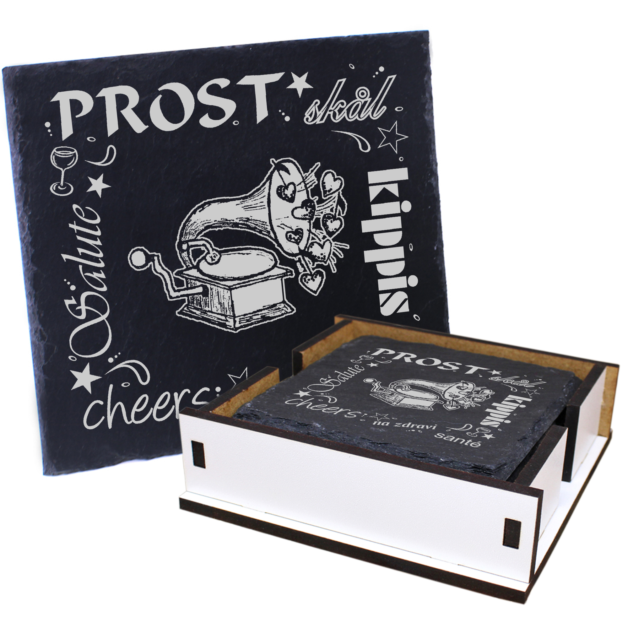 5 x Schiefer Untersetzer - Prost Grammophon mit Herzen - inkl. Holzbox & Flaschenuntersetzer