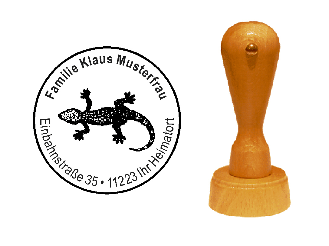 « Gecko 1 » Holzstempel mit persönlichem Wunschtext