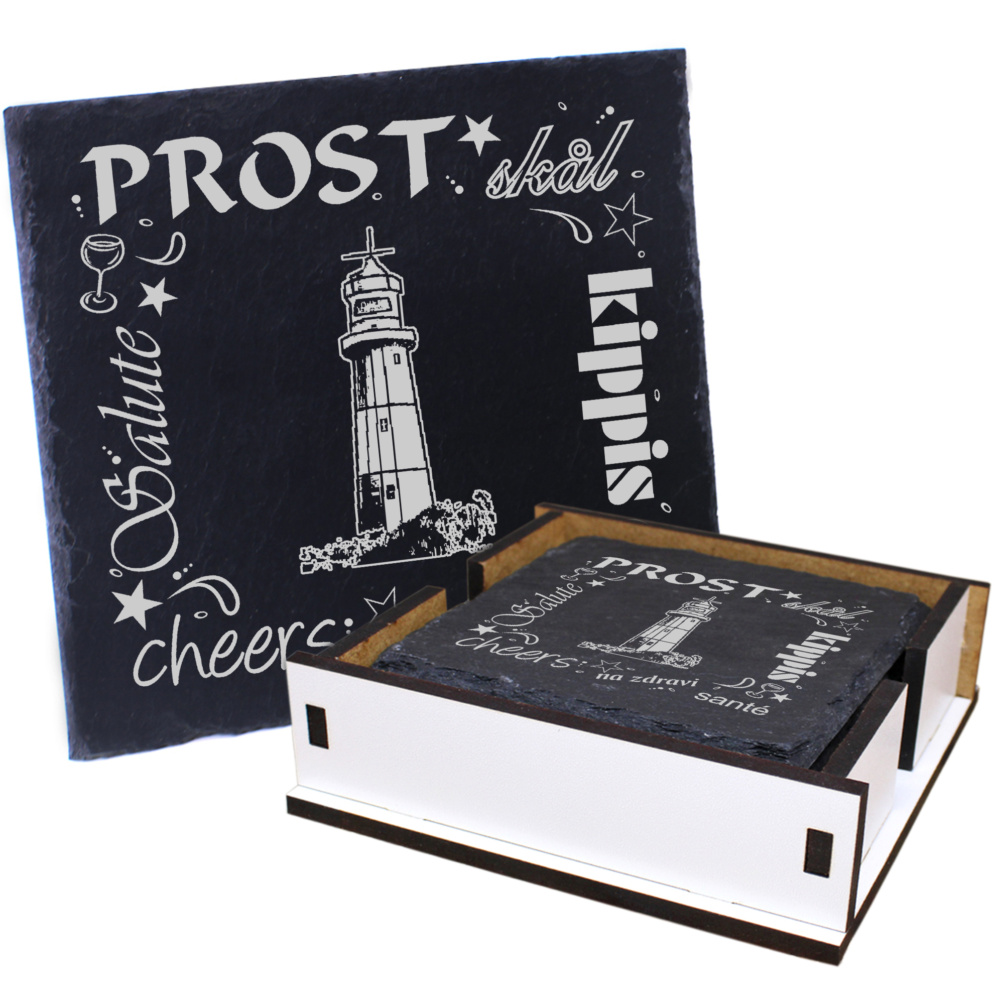 5 x Schiefer Untersetzer - Prost Insel Borkum Leuchtturm - inkl. Holzbox & Flaschenuntersetzer