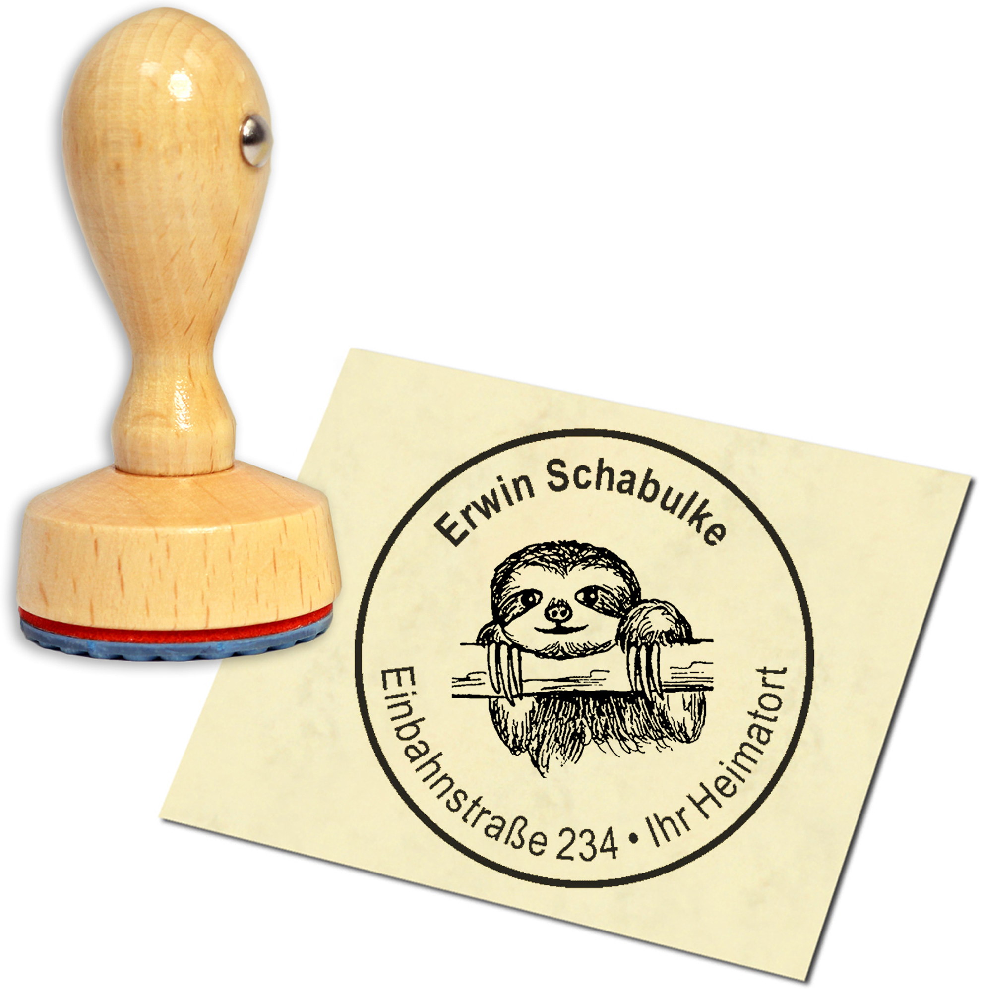 Stempel Adressstempel Holzstempel - Faultier Kopf - rund 40mm