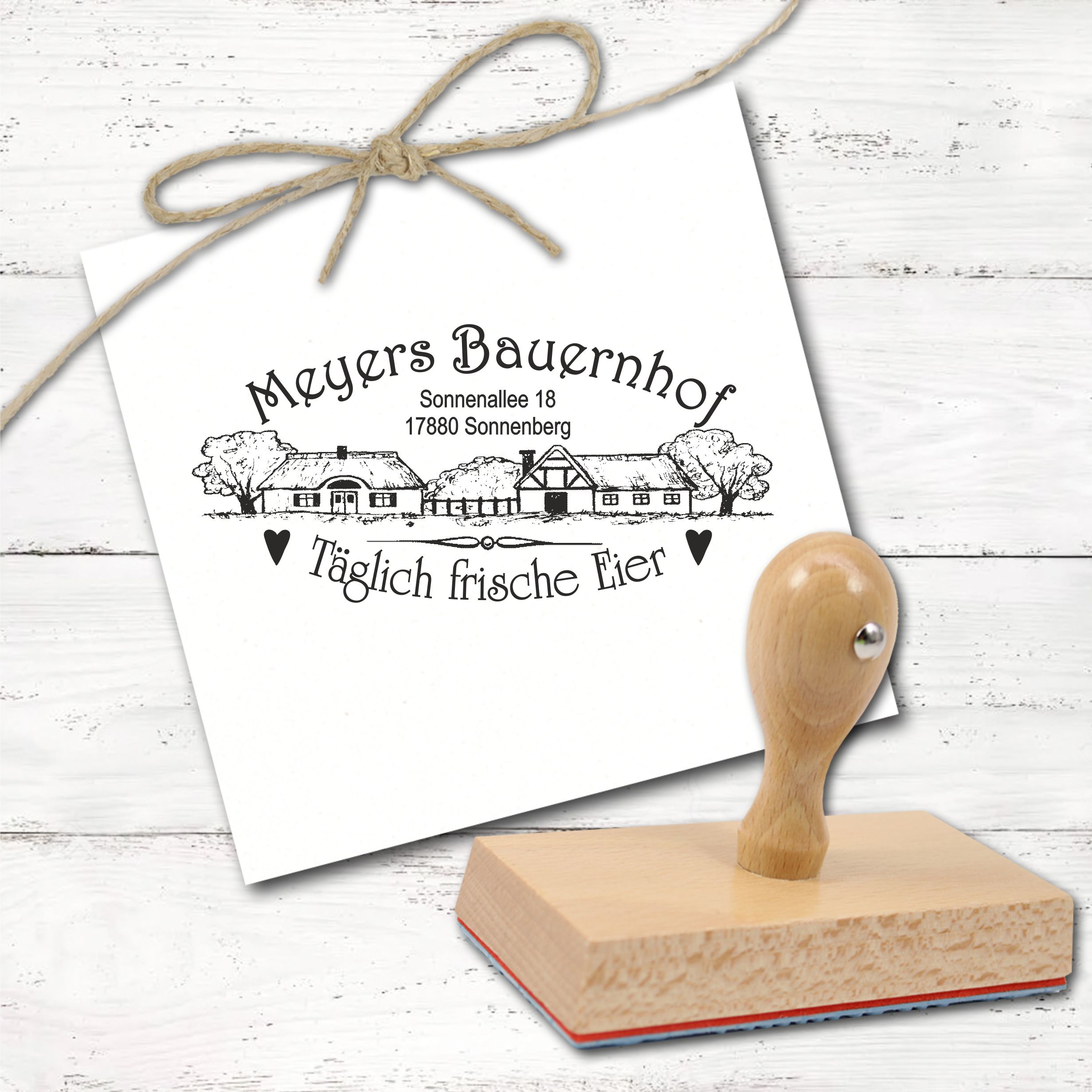 Personalisierter Eierkarton Stempel - Täglich frische Eier - Bauernhof Motivstempel Holzstempel 100x50 mm