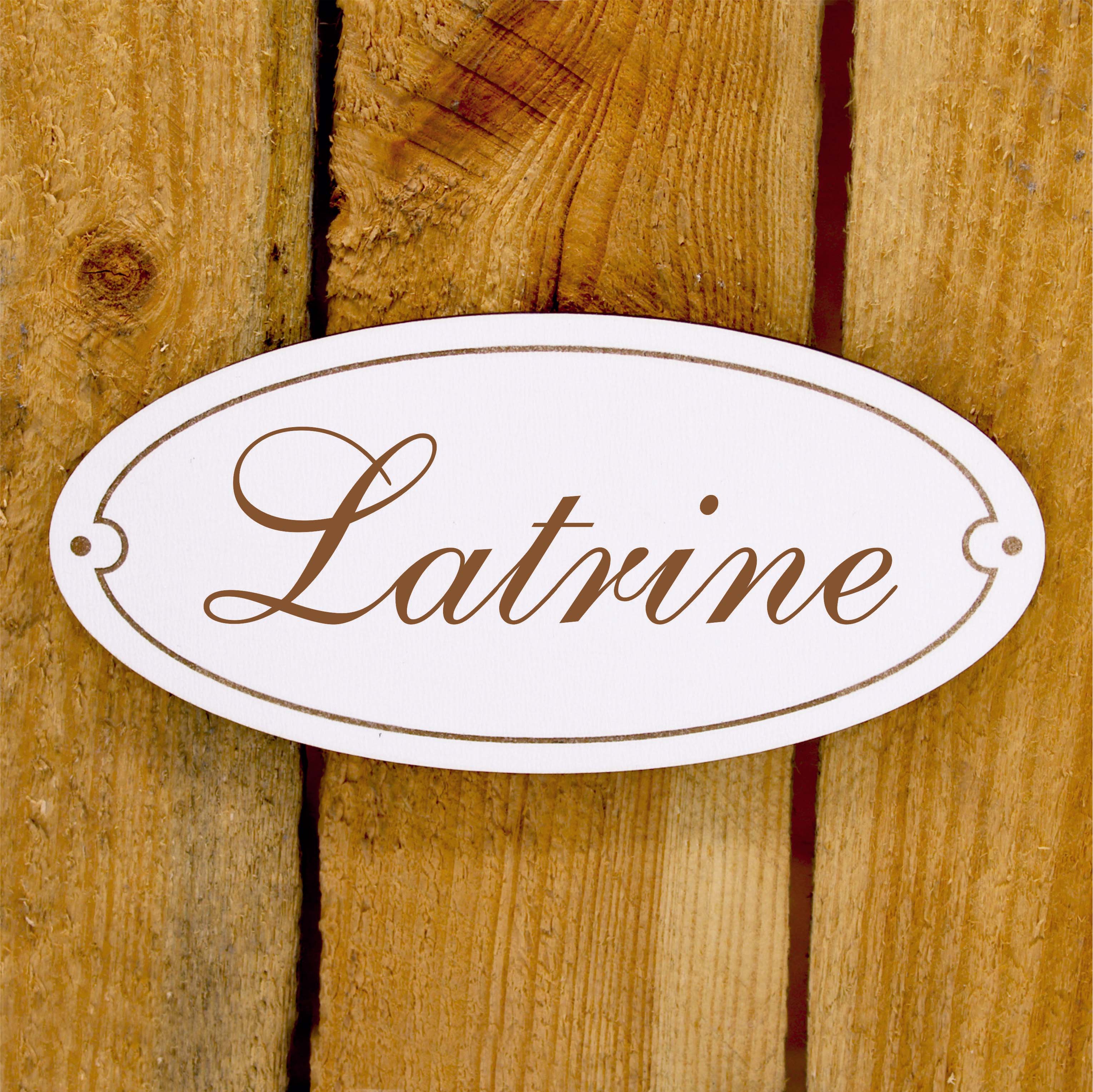 Türschild Latrine - Schild oval Toilette WC Holzschild Gravur selbstklebend 15 x 7 cm