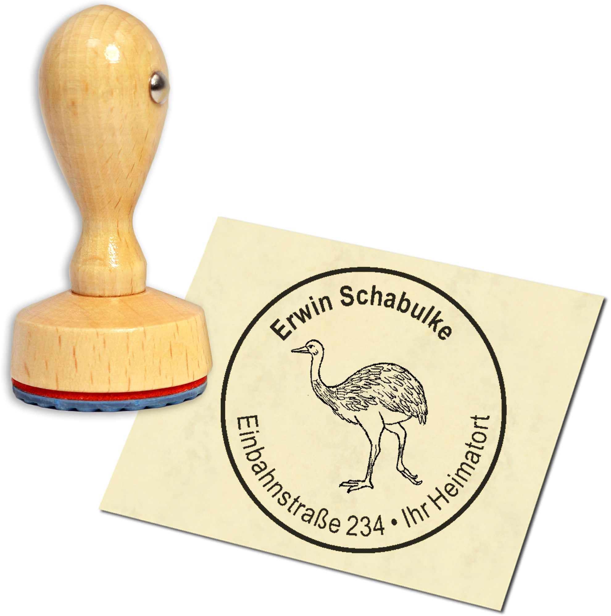 Stempel Adressstempel Holzstempel - Nandu - rund 40mm
