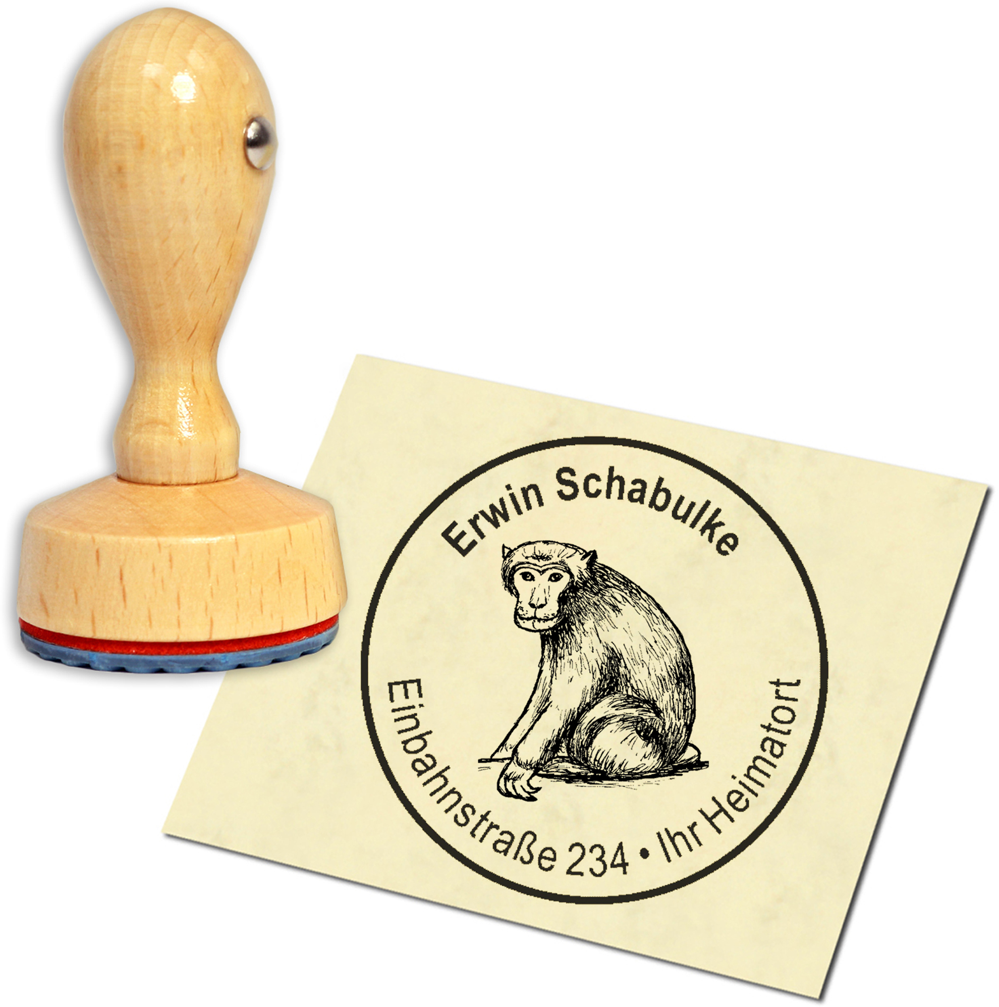 Stempel Adressstempel Holzstempel - sitzender Affe - rund 40mm