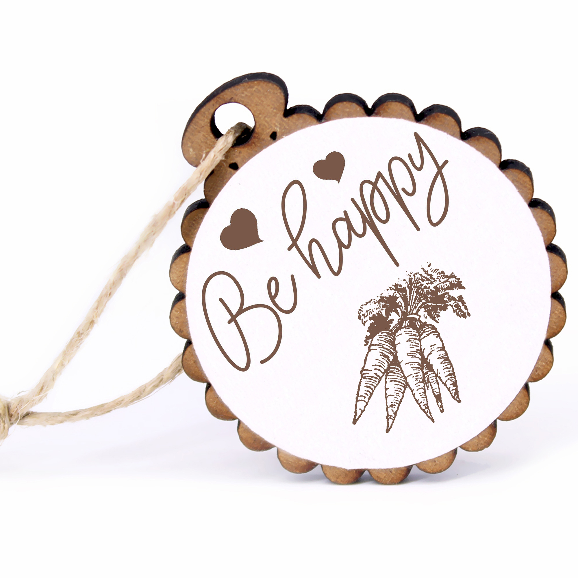 Geschenkanhänger - Be Happy Karotten -  Holz Ø-5cm - mit Juteband
