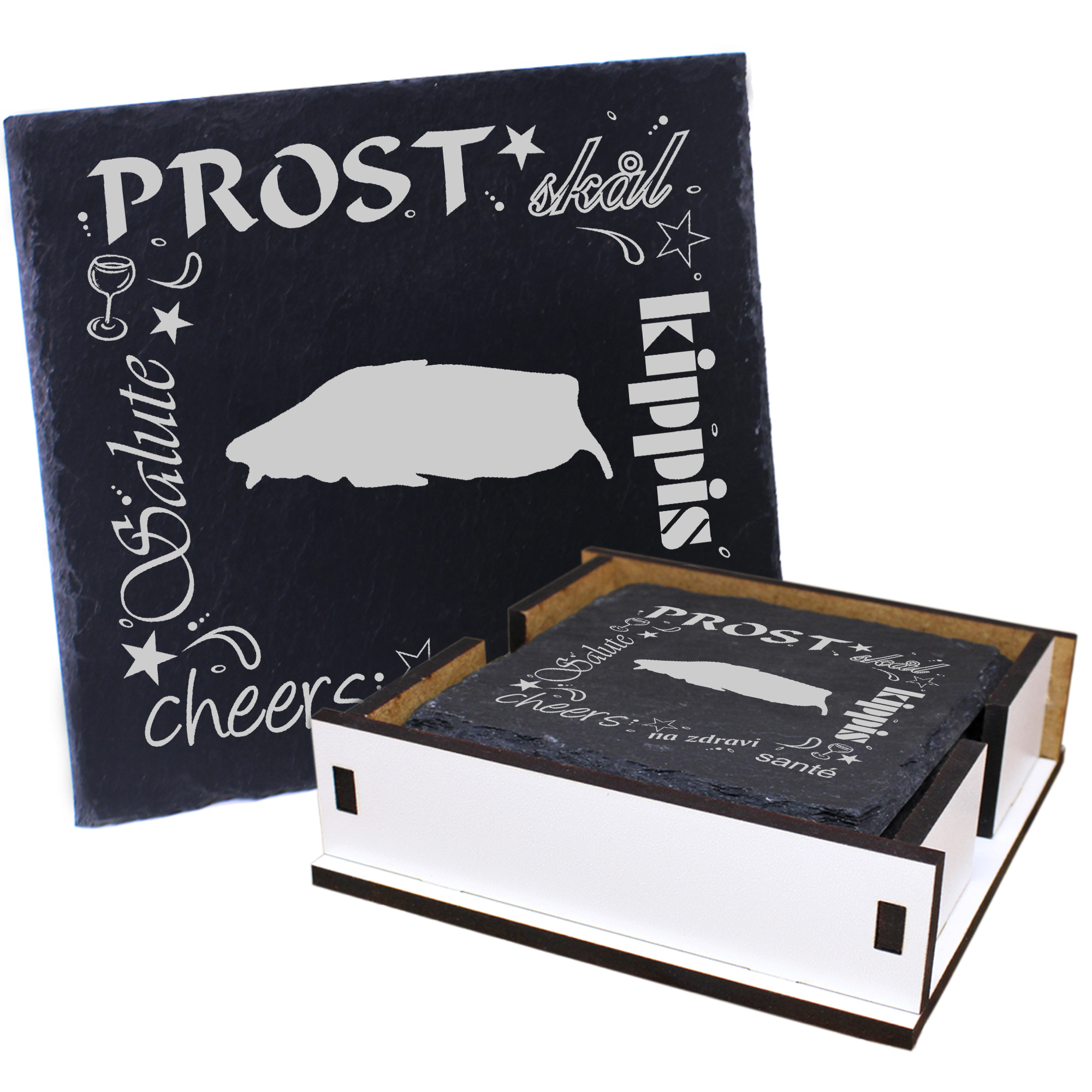 5 x Schiefer Untersetzer - Prost Insel Baltrum - inkl. Holzbox & Flaschenuntersetzer