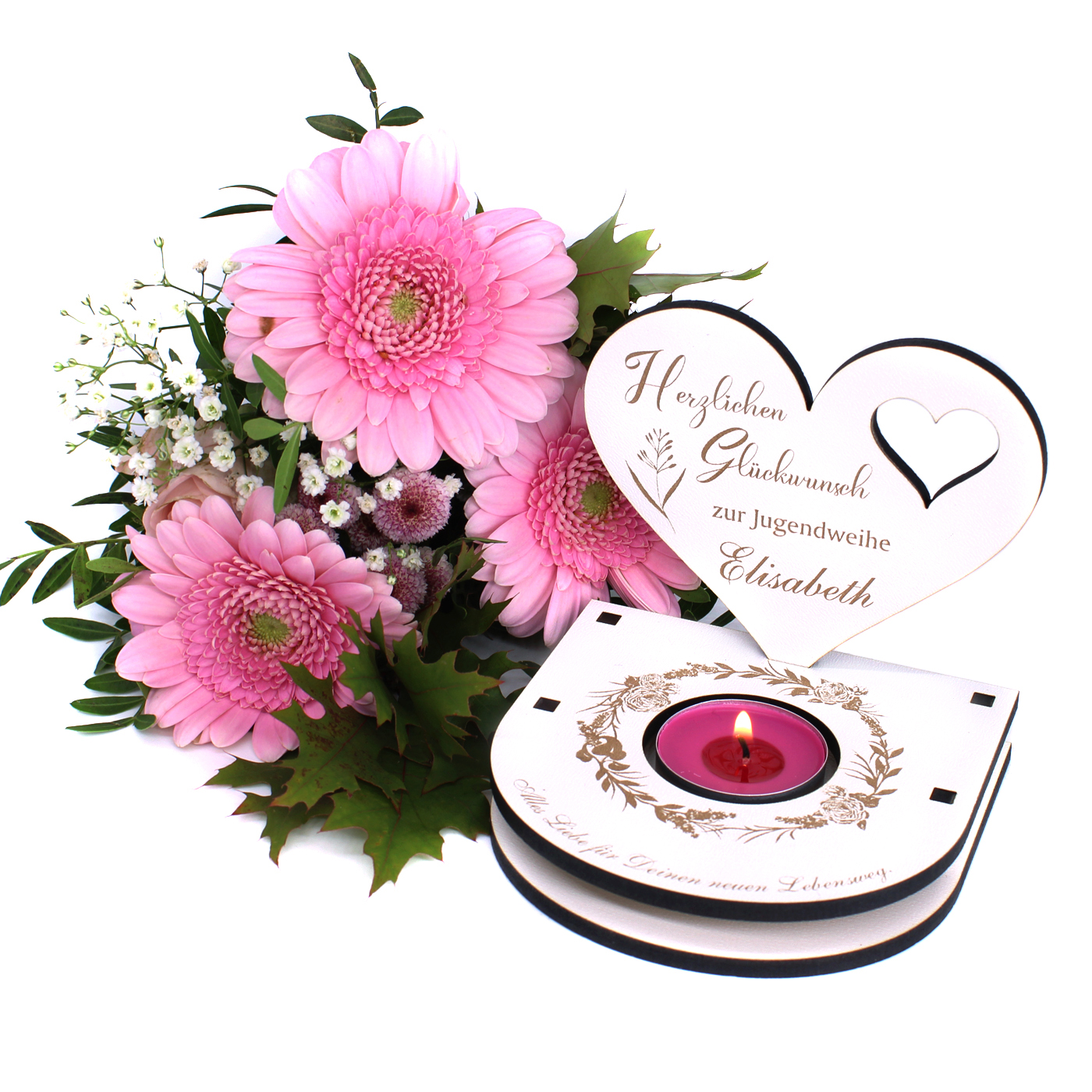 Teelichthalter Jugendweihe mit Spruch Alles Liebe und Wunschnamen - mit Rosen und Herz 11x10x10cm