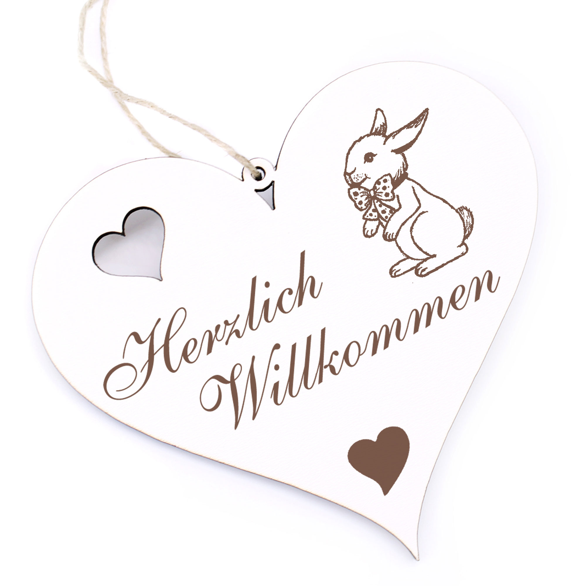 Herzlich Willkommen Schild - Häschen mit Schleife - Deko Herz Holz