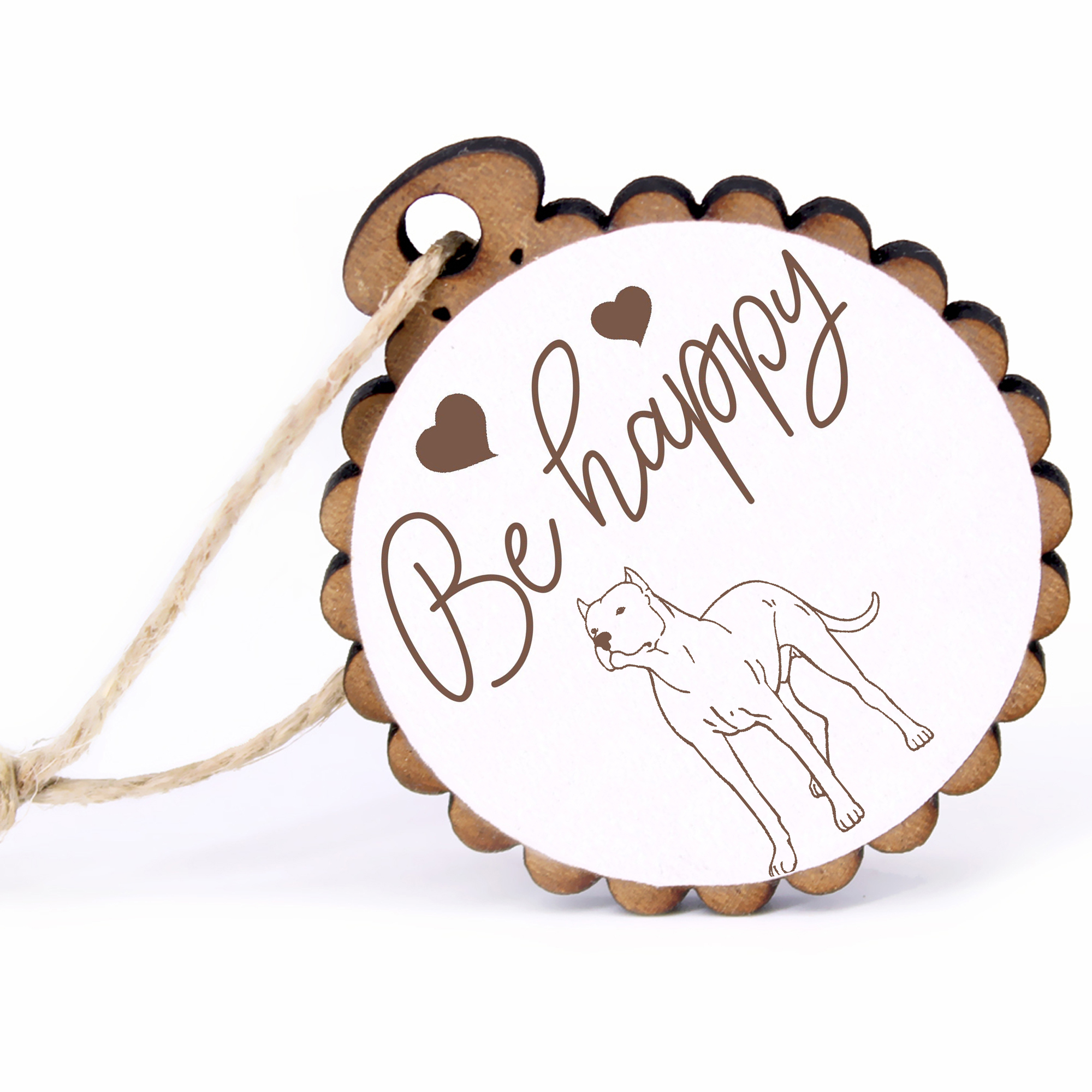 Geschenkanhänger - Be Happy Dogo Argentino -  Holz Ø-5cm - mit Juteband