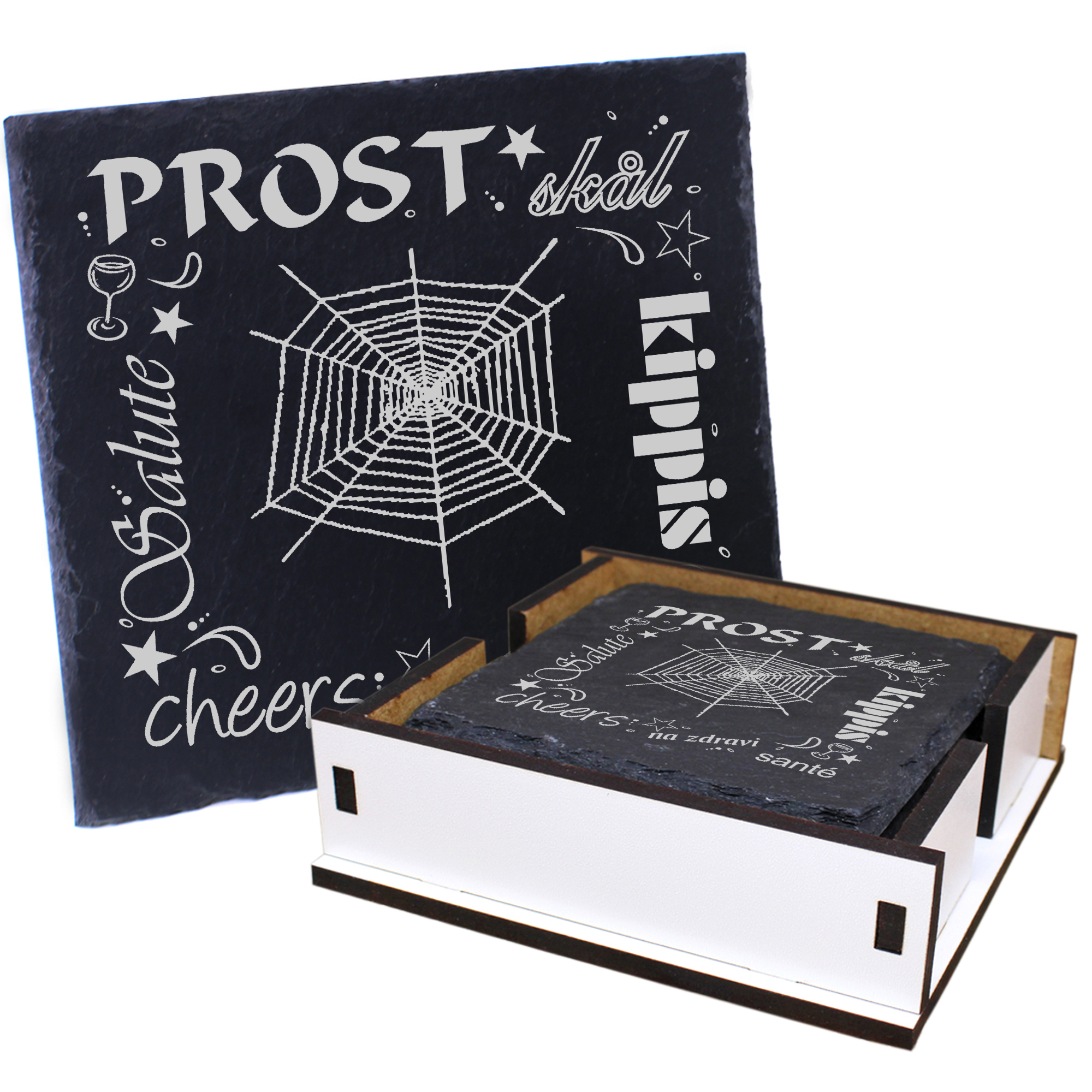 5 x Schiefer Untersetzer - Prost Spinnennetz - inkl. Holzbox & Flaschenuntersetzer
