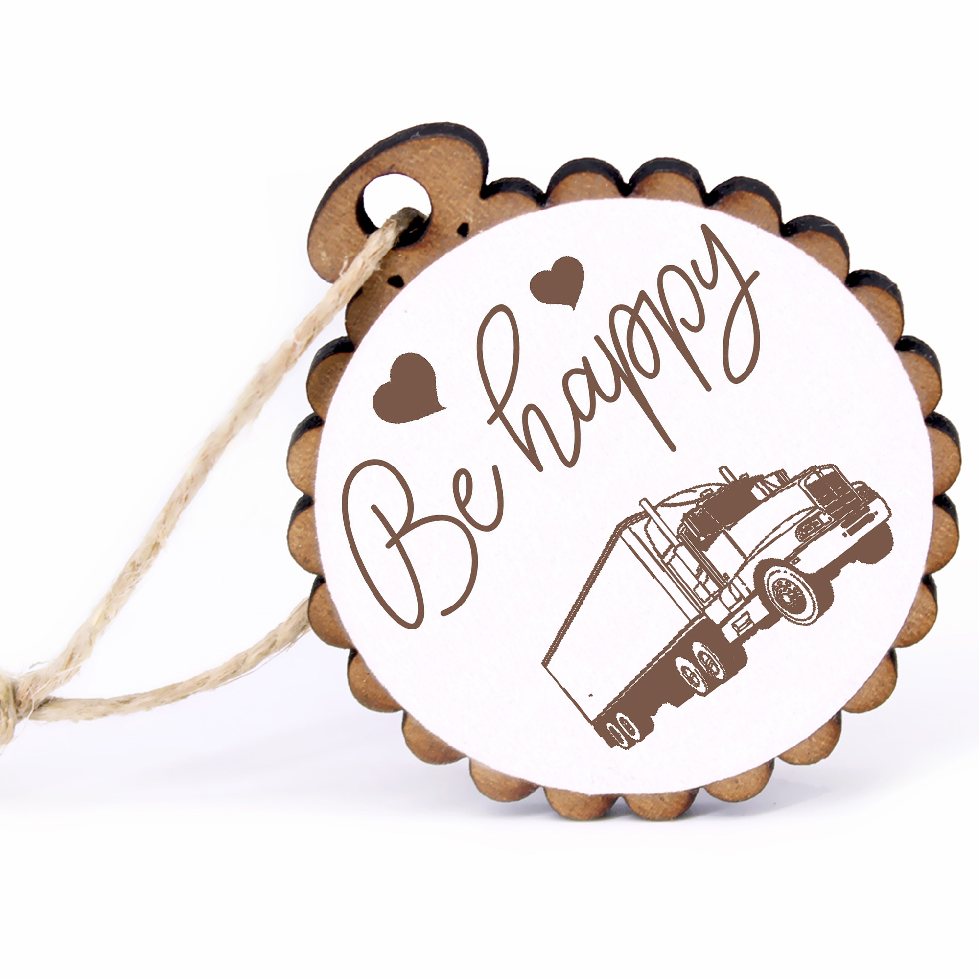 Geschenkanhänger - Be Happy LKW -  Holz Ø-5cm - mit Juteband