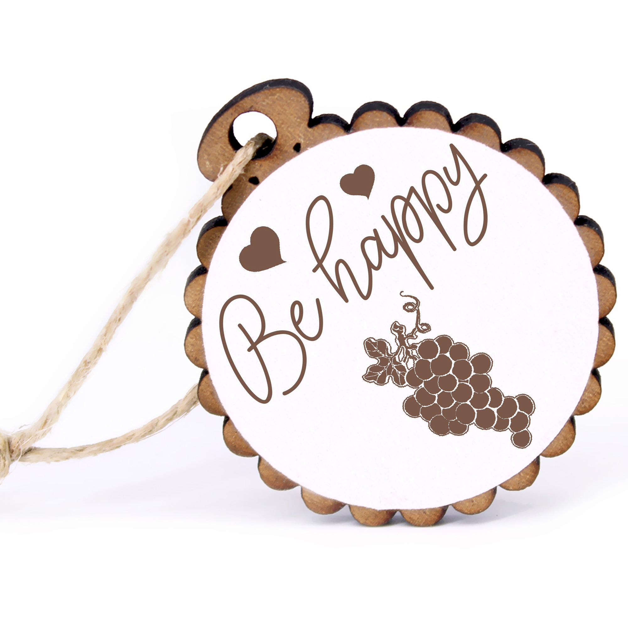 Geschenkanhänger - Be Happy dunkle Weintraube -  Holz Ø-5cm - mit Juteband