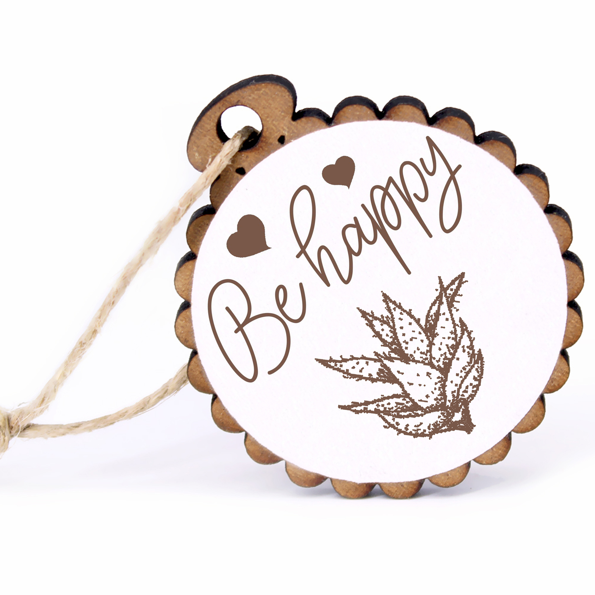 Geschenkanhänger - Be Happy Aloe Vera -  Holz Ø-5cm - mit Juteband