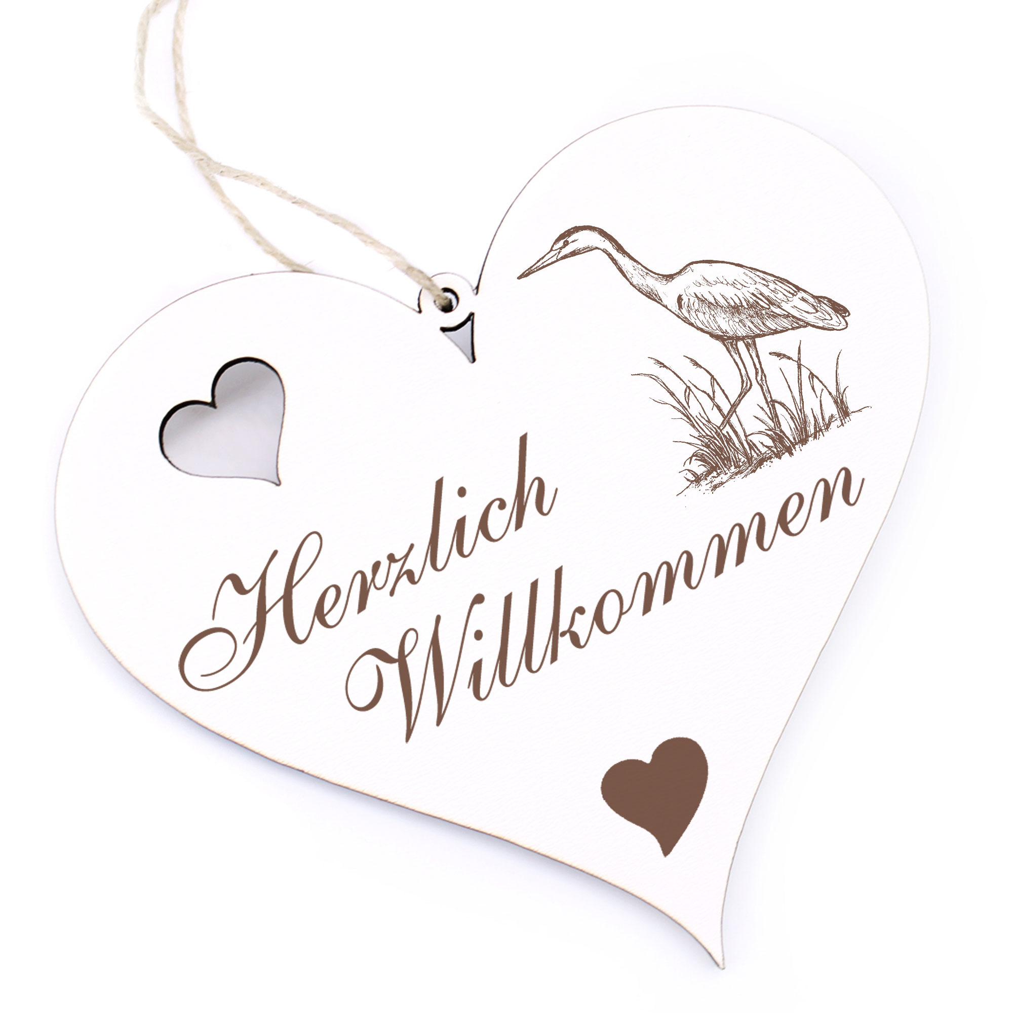 Herzlich Willkommen Schild - Graureiher - Deko Herz Holz
