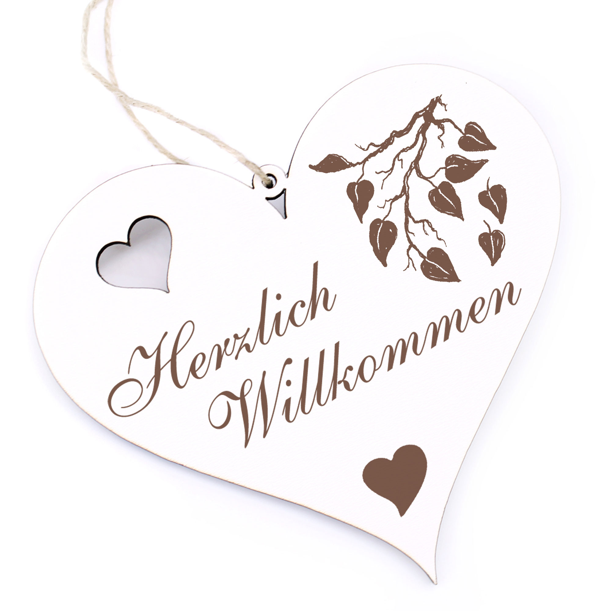 Herzlich Willkommen Schild - Zweig mit Blüten - Deko Herz Holz