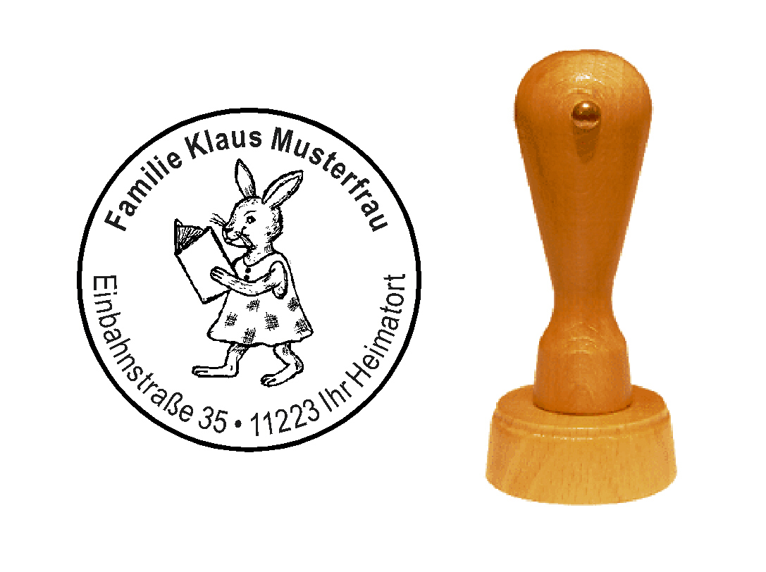 « Lesender Hase » Holzstempel mit persönlichem Wunschtext