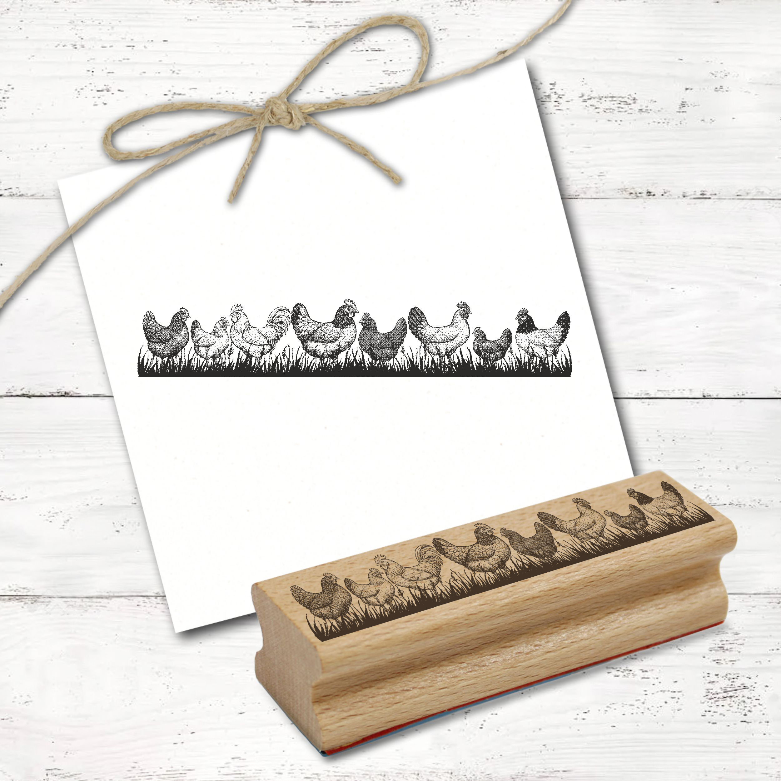 Motivstempel Hühner auf der Wiese Bordüre - Stempel Landleben Holzstempel Huhn - 98 x 18 mm