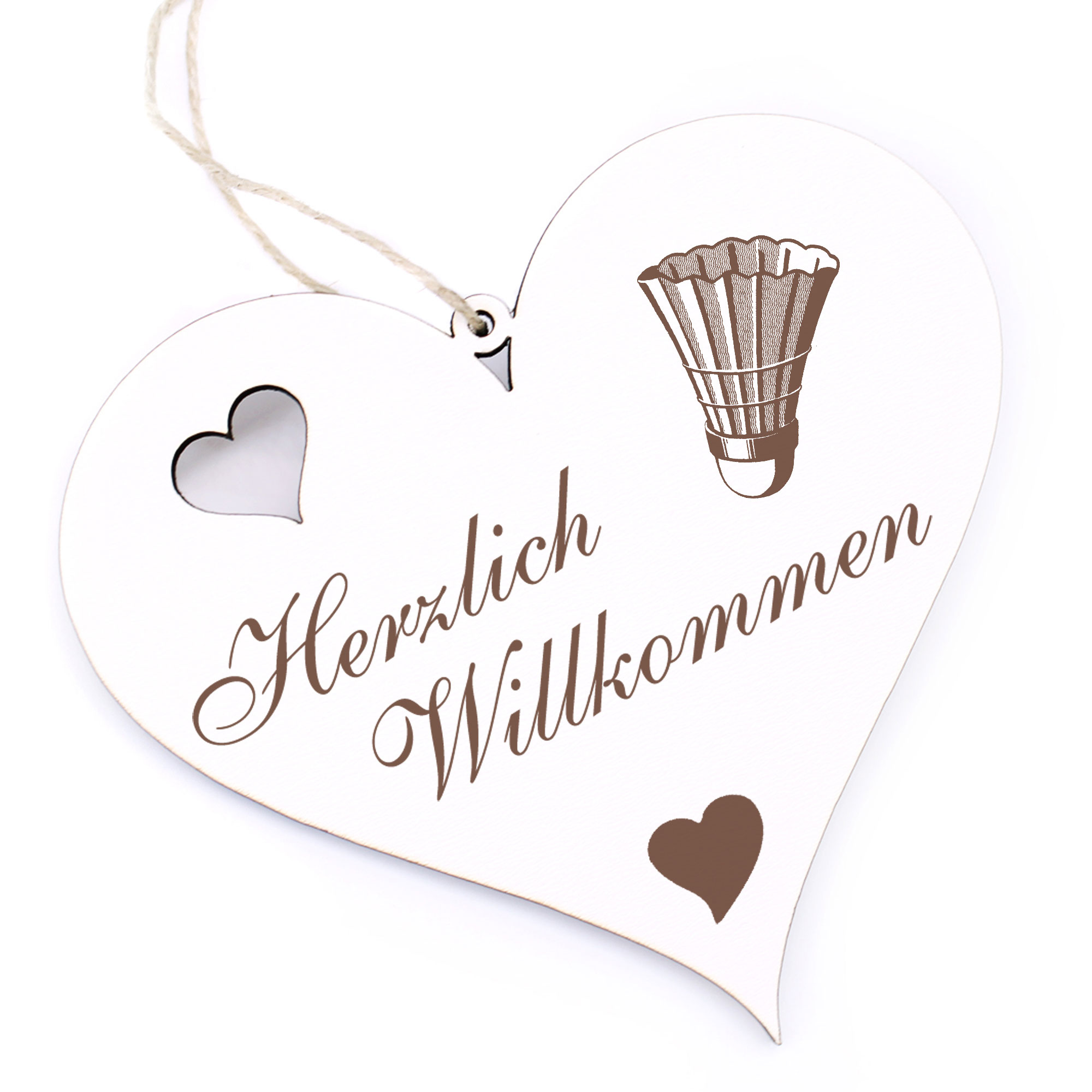 Herzlich Willkommen Schild - Badminton Federball - Deko Herz Holz