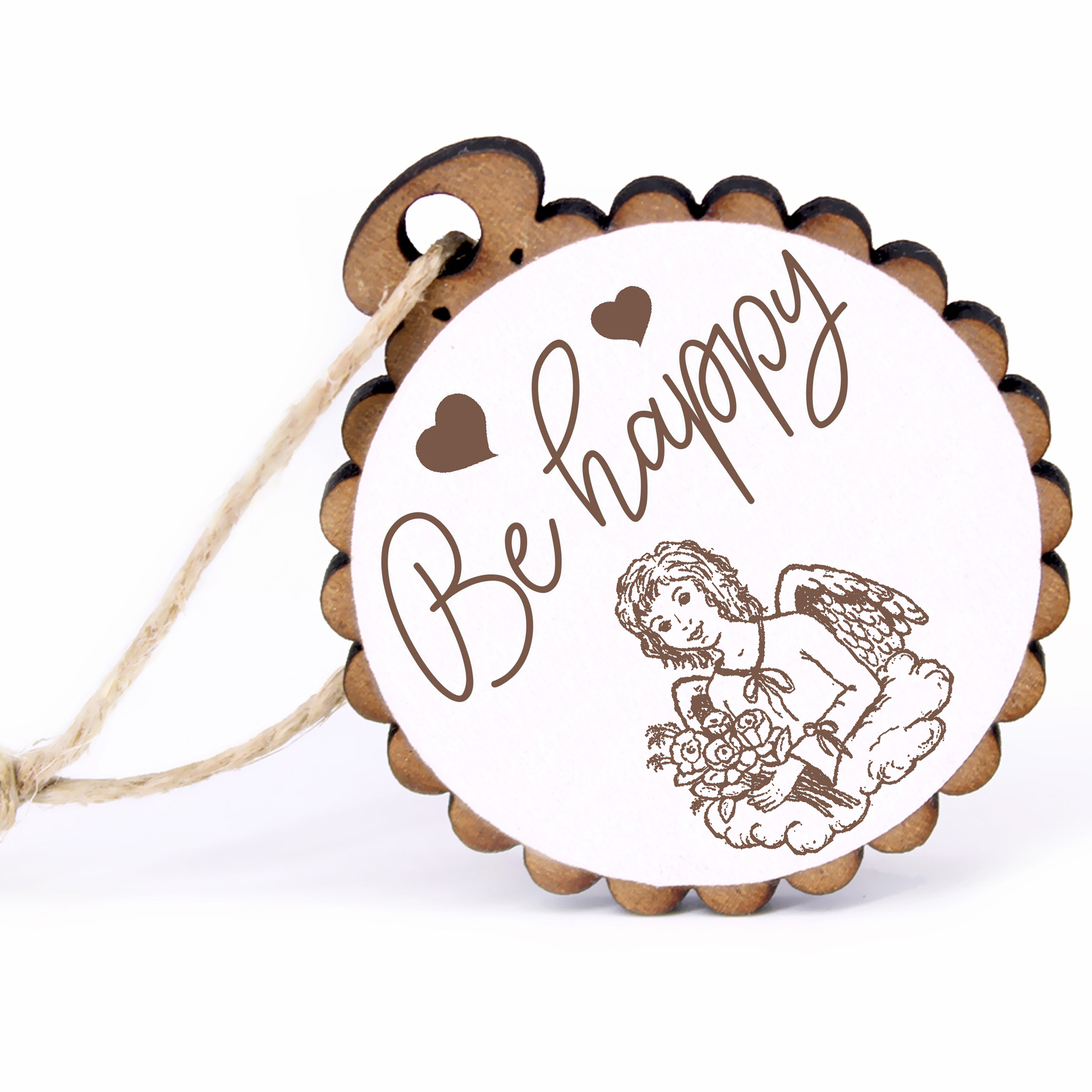 Geschenkanhänger - Be Happy Engel Schutzengel -  Holz Ø-5cm - mit Juteband