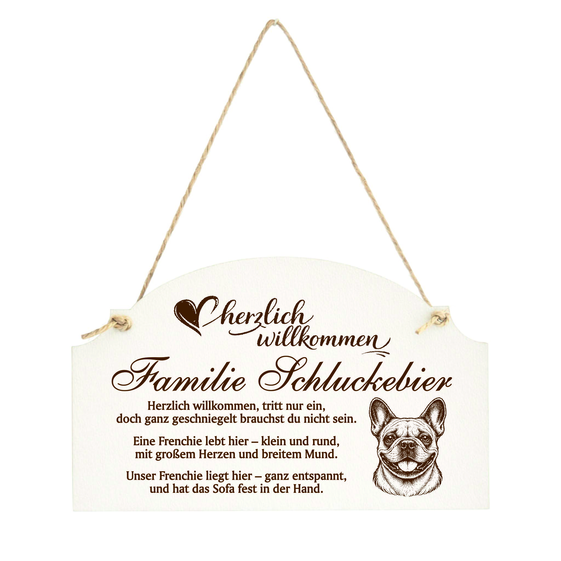 Willkommensschild Französische Bulldogge personalisiert - Haustürschild mit Hundespruch - 14 x 8,5 cm