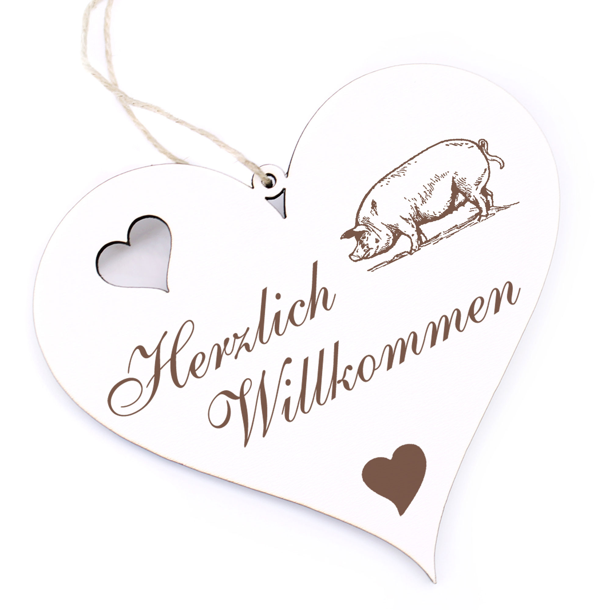 Herzlich Willkommen Schild - Schwein - Deko Herz Holz