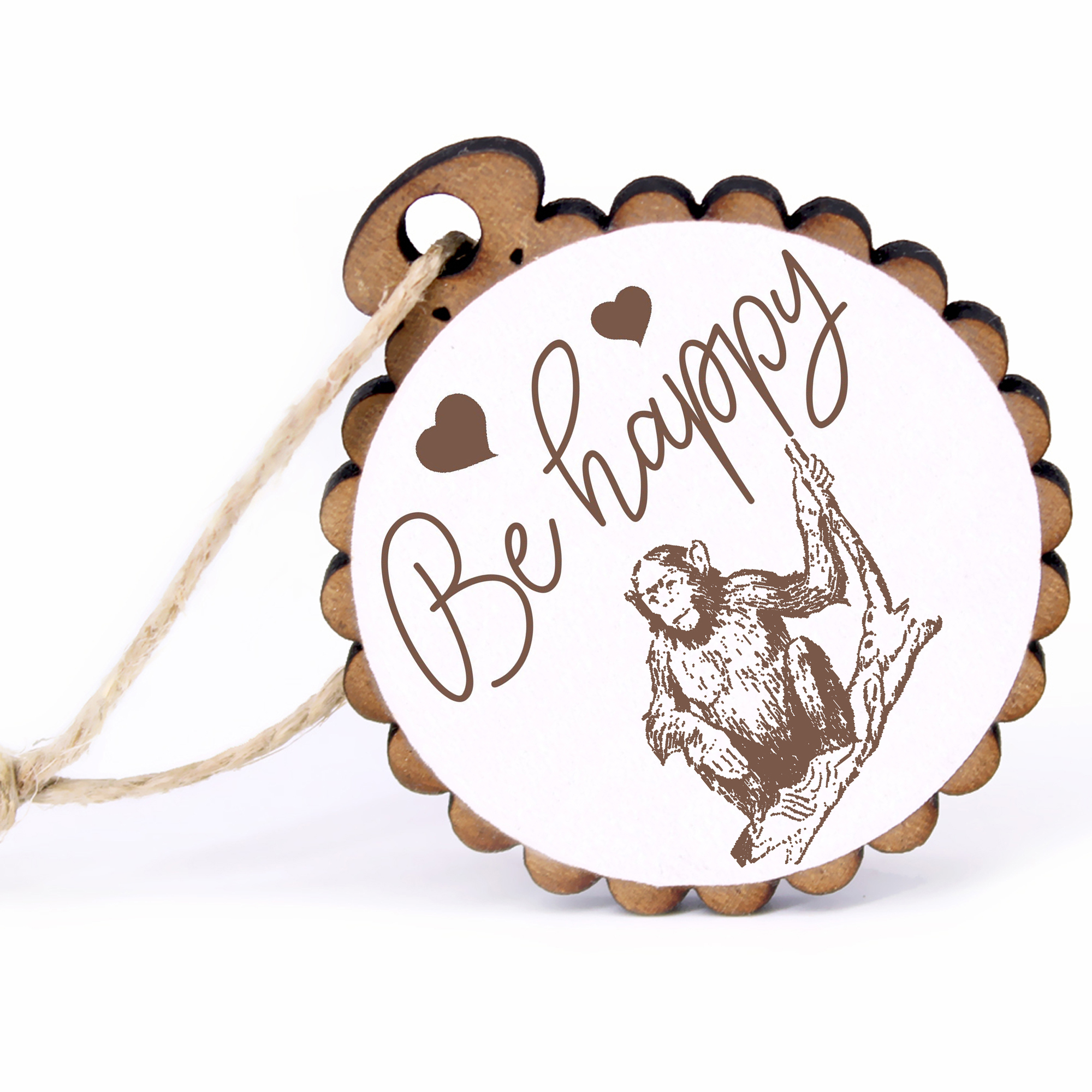 Geschenkanhänger - Be Happy Affe auf Ast -  Holz Ø-5cm - mit Juteband