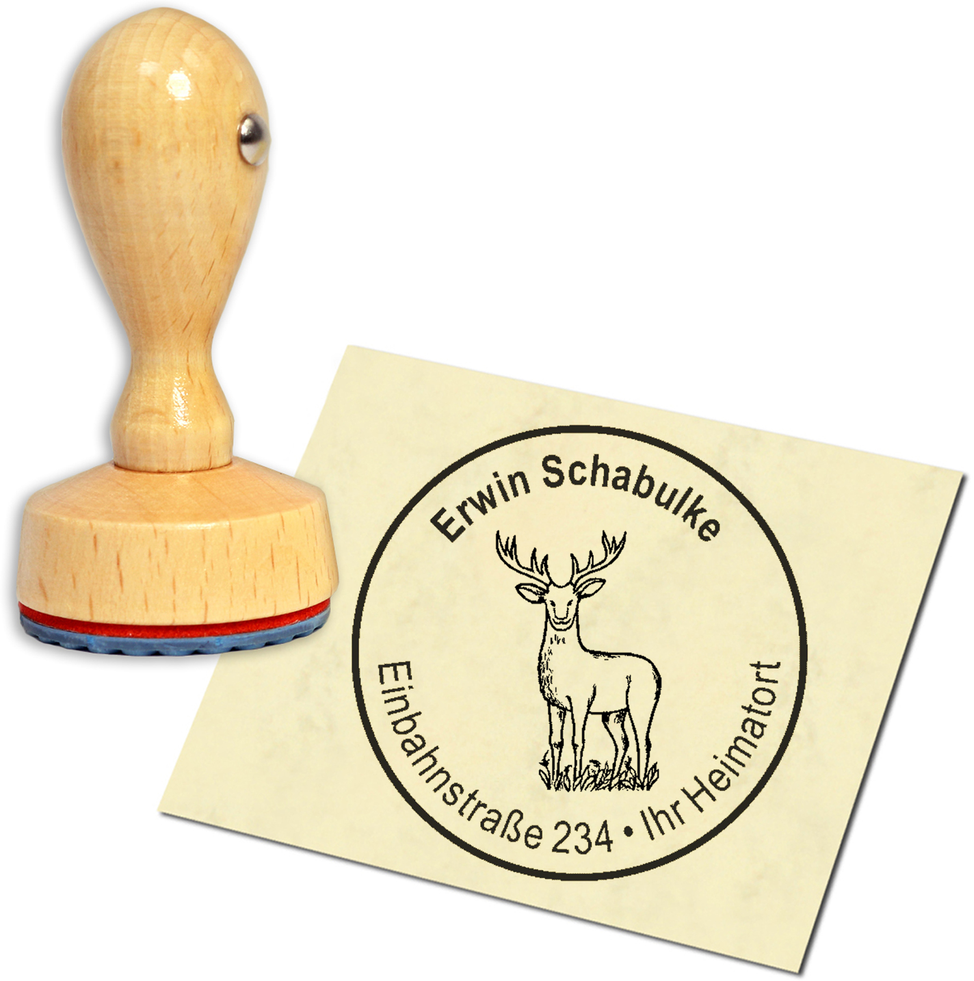 Stempel Adressstempel Holzstempel - gezeichneter Hirsch - rund 40mm