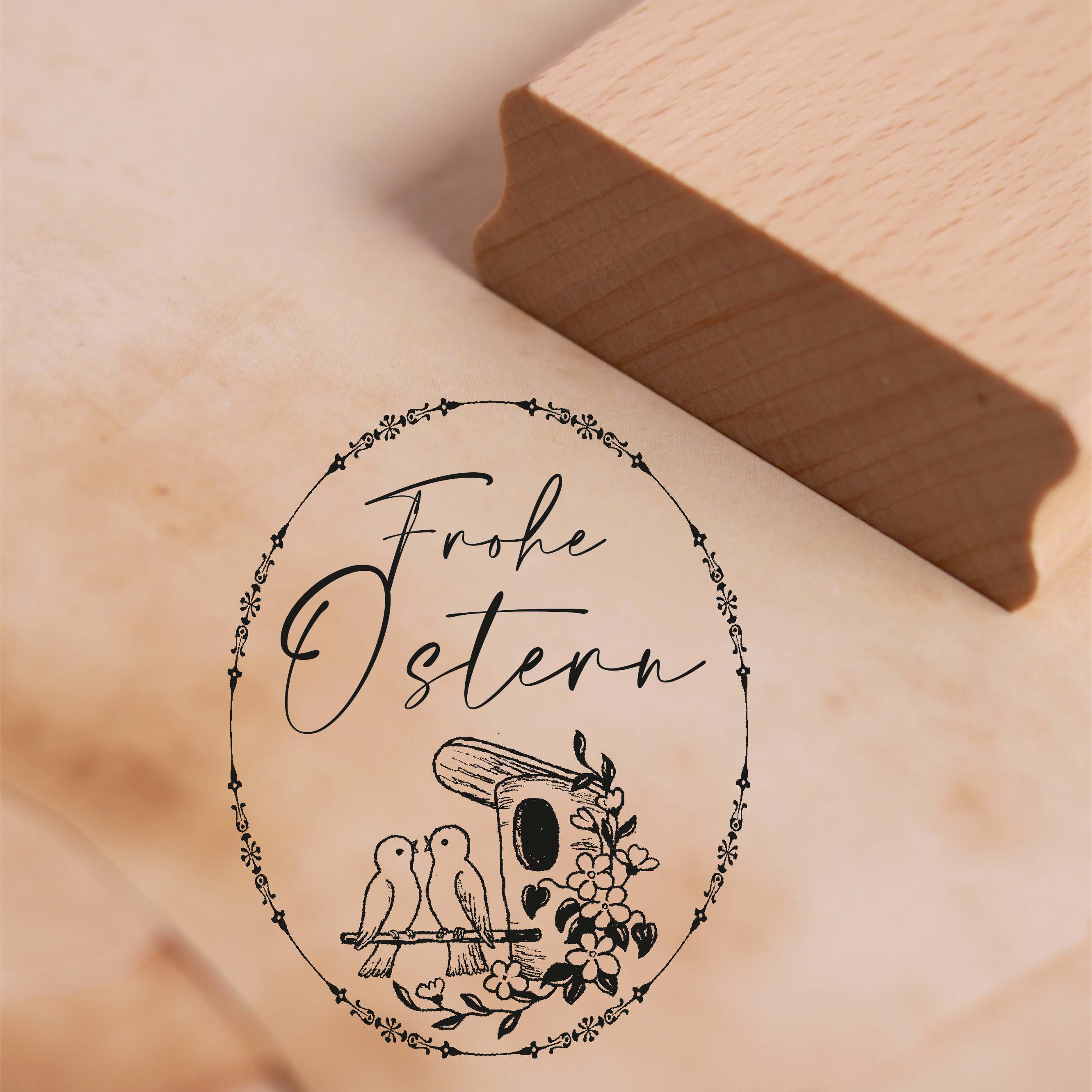 Motivstempel Frohe Ostern - Osterei mit Vogelhaus Stempel 38 x 48 mm