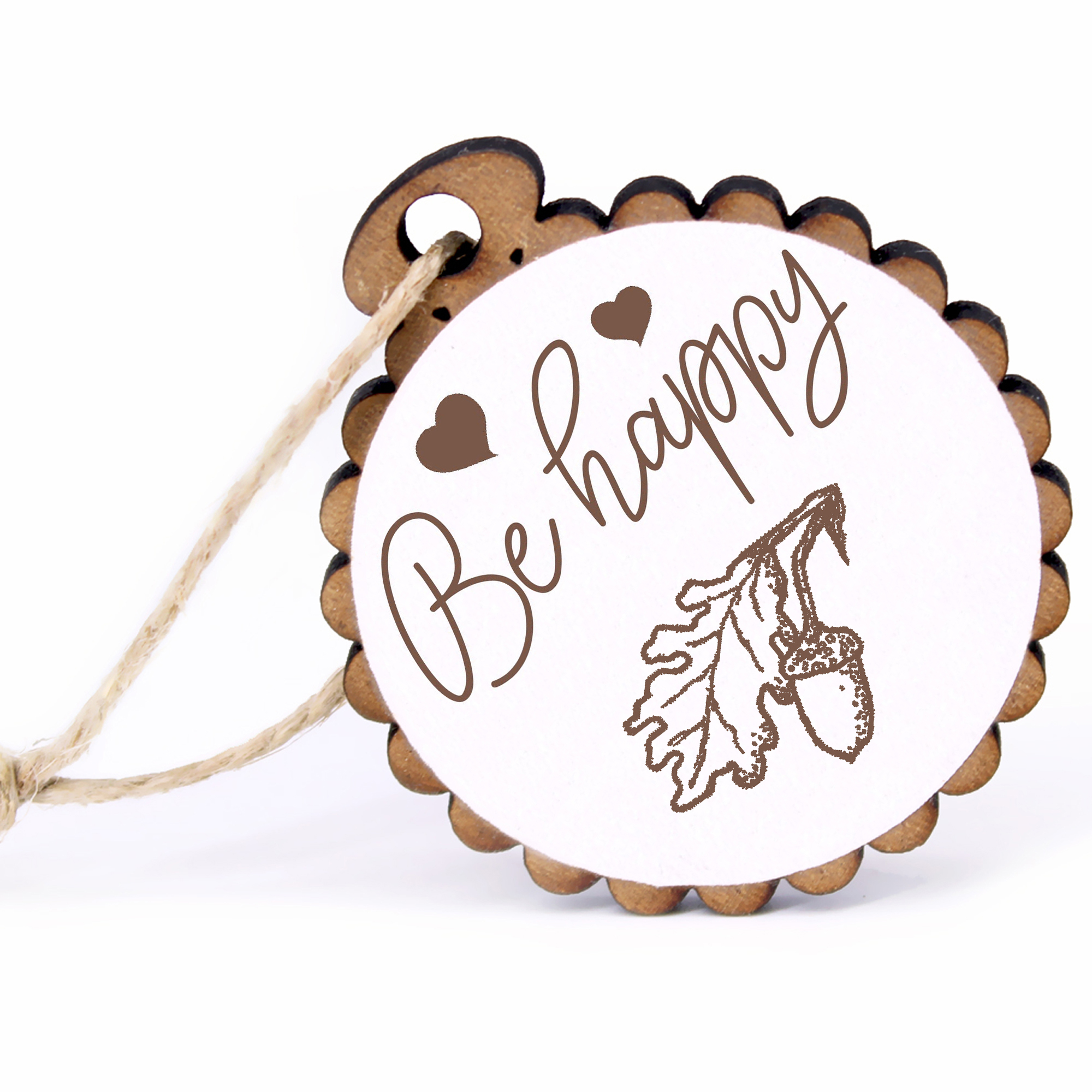 Geschenkanhänger - Be Happy Eichel -  Holz Ø-5cm - mit Juteband