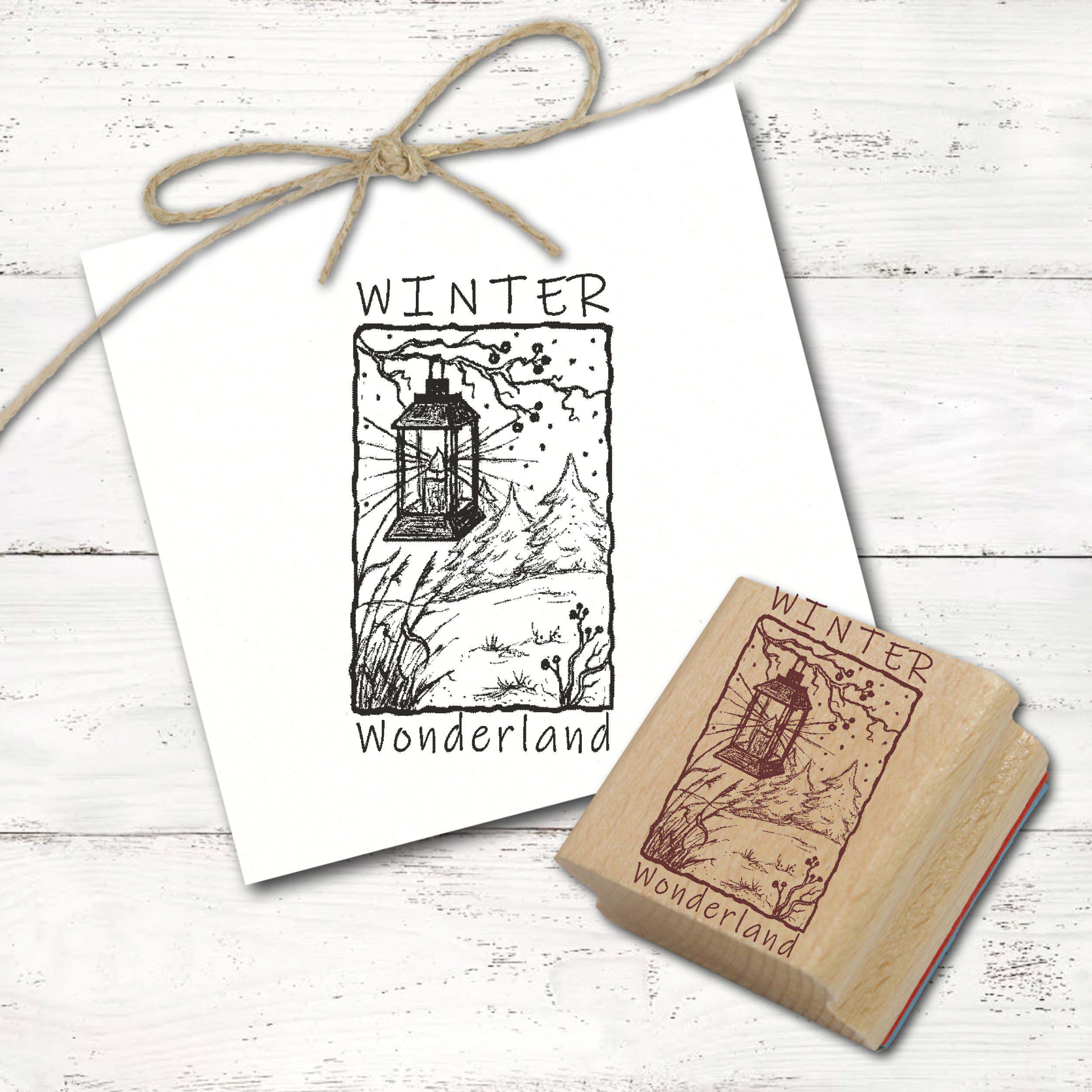 Motivstempel Winter Wonderland - Stempel Laterne am Baum Weihnachten Tannen Holzstempel 38 mm x 68 mm