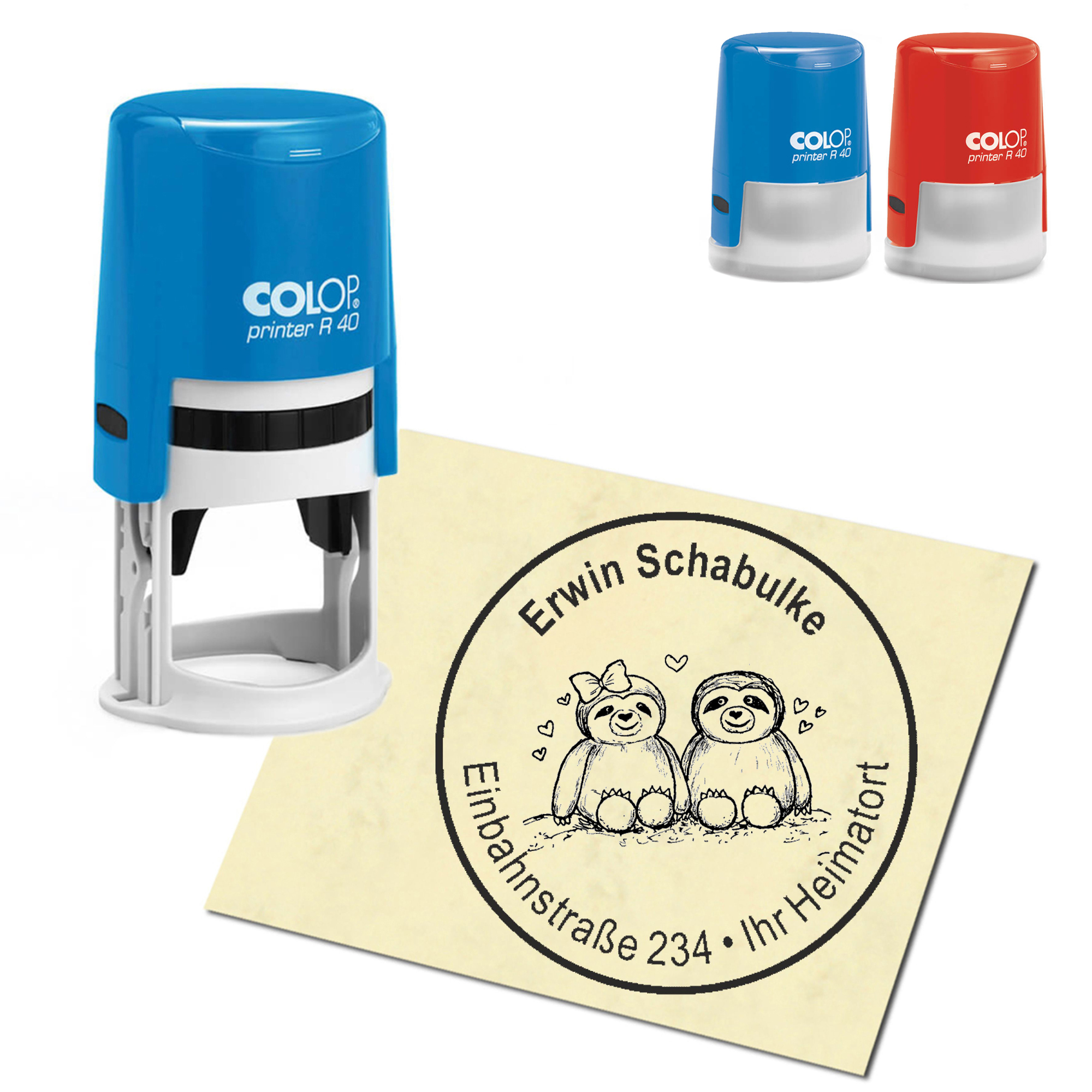 Stempel Adressstempel personalisiert - Faultierpaar - rund &empty; 40mm