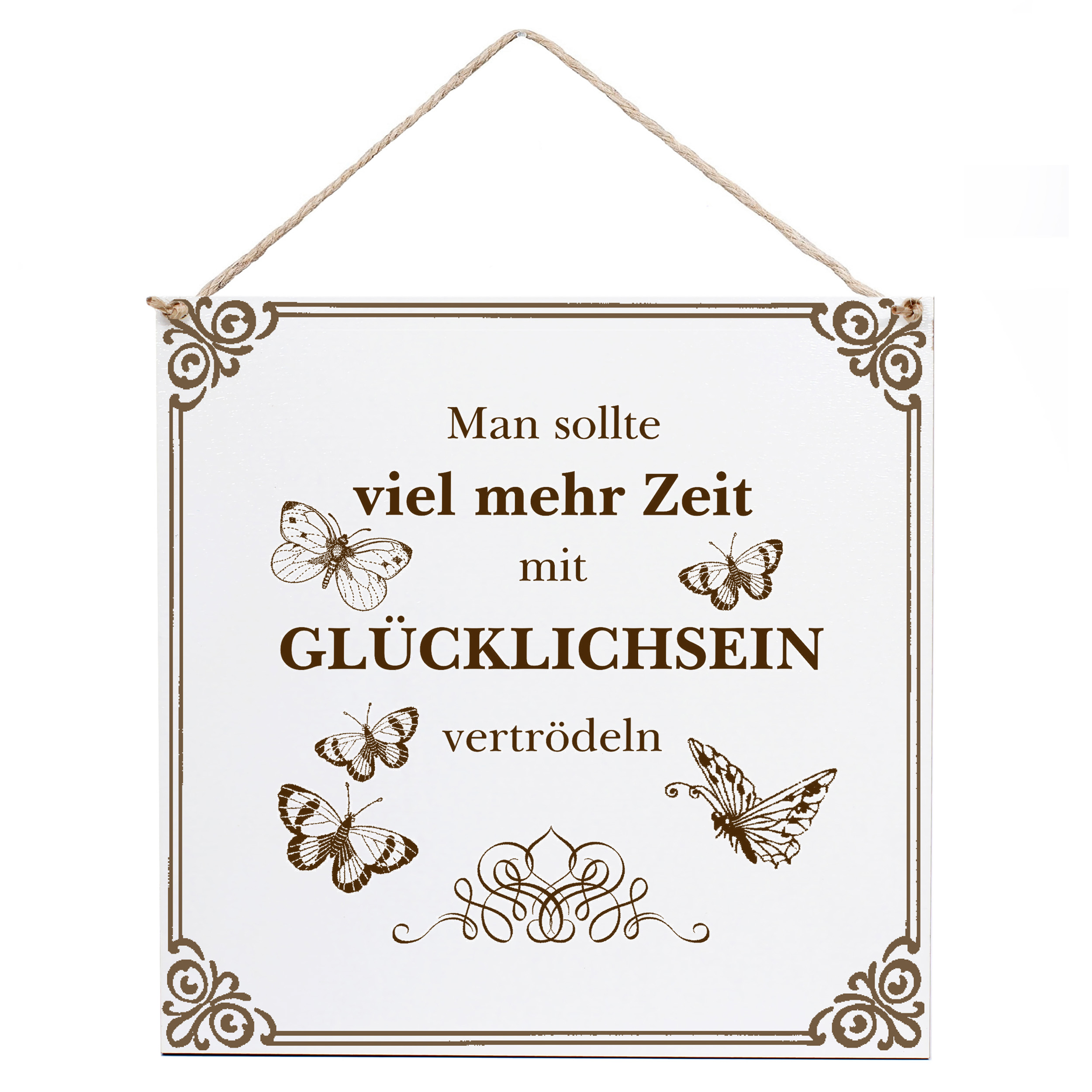 Dekoschild Zeit mit Glücklichsein 15×15 cm aus weißem HDF – Graviertes Spruchschild