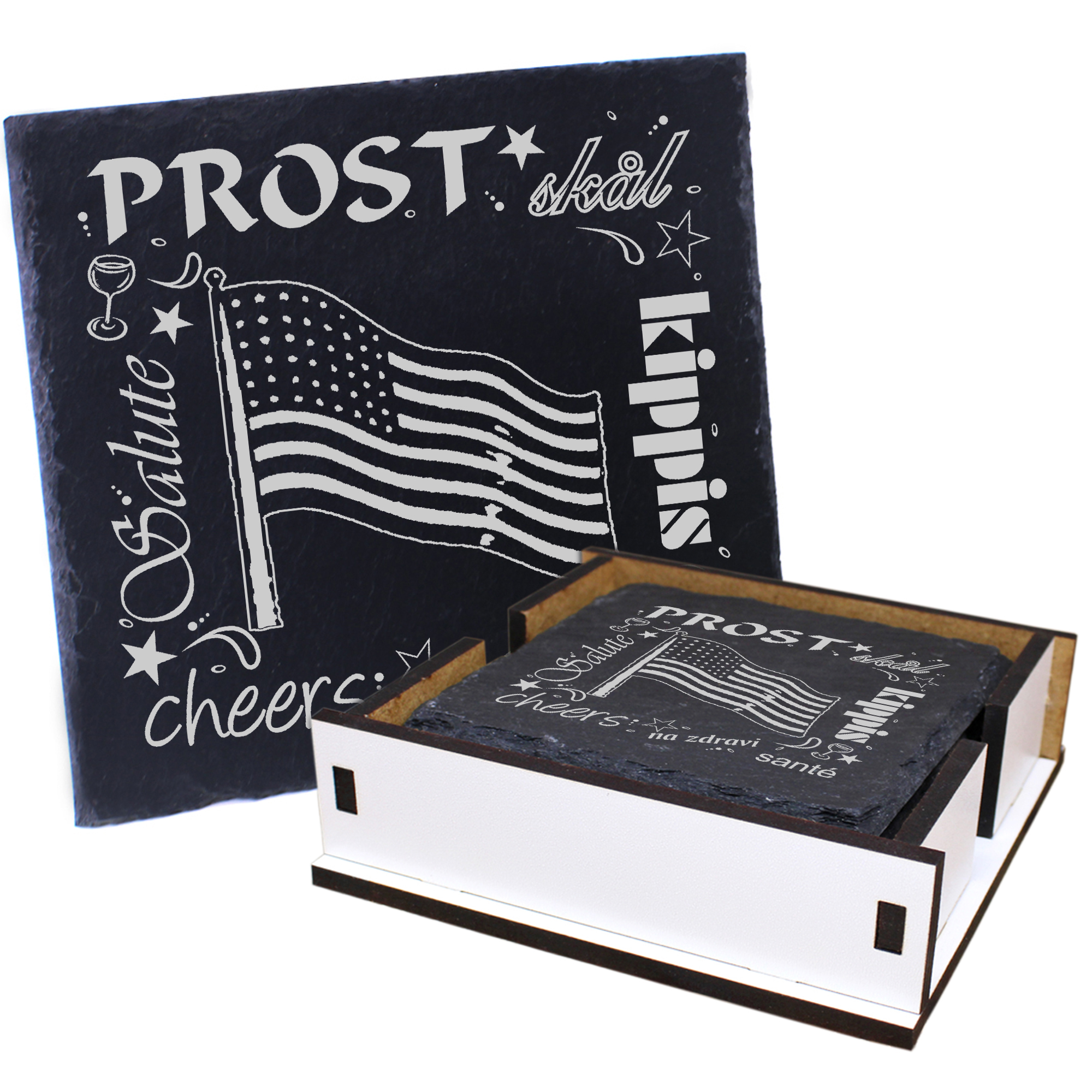 5 x Schiefer Untersetzer - Prost Fahne Amerika - inkl. Holzbox & Flaschenuntersetzer