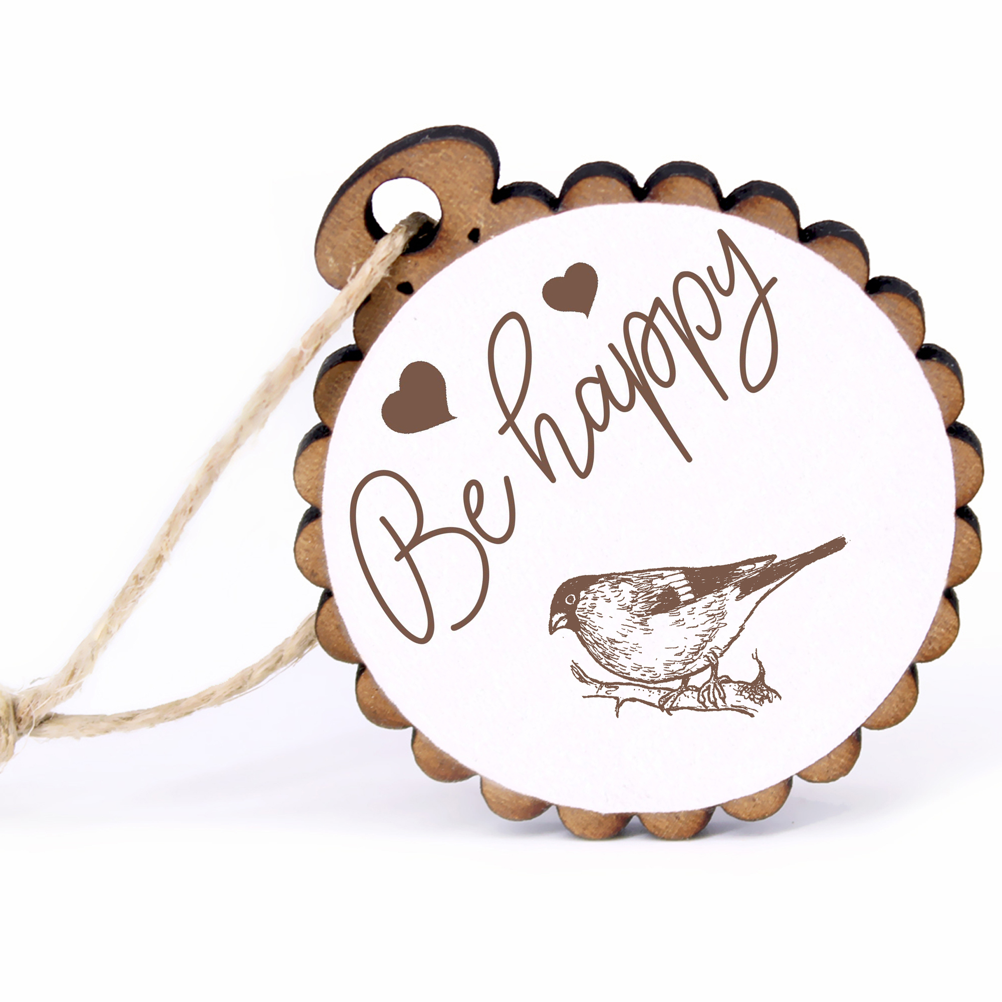 Geschenkanhänger - Be Happy Dompfaff Gimpel -  Holz Ø-5cm - mit Juteband